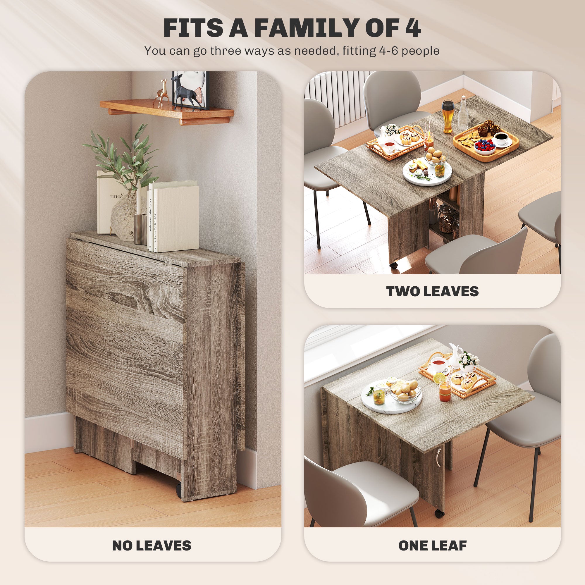 HOMCOM Folding Dining Table, Drop Leaf Table for Small Spaces with 2-tier Shelves, Small Kitchen Table with Rolling Casters, Grey