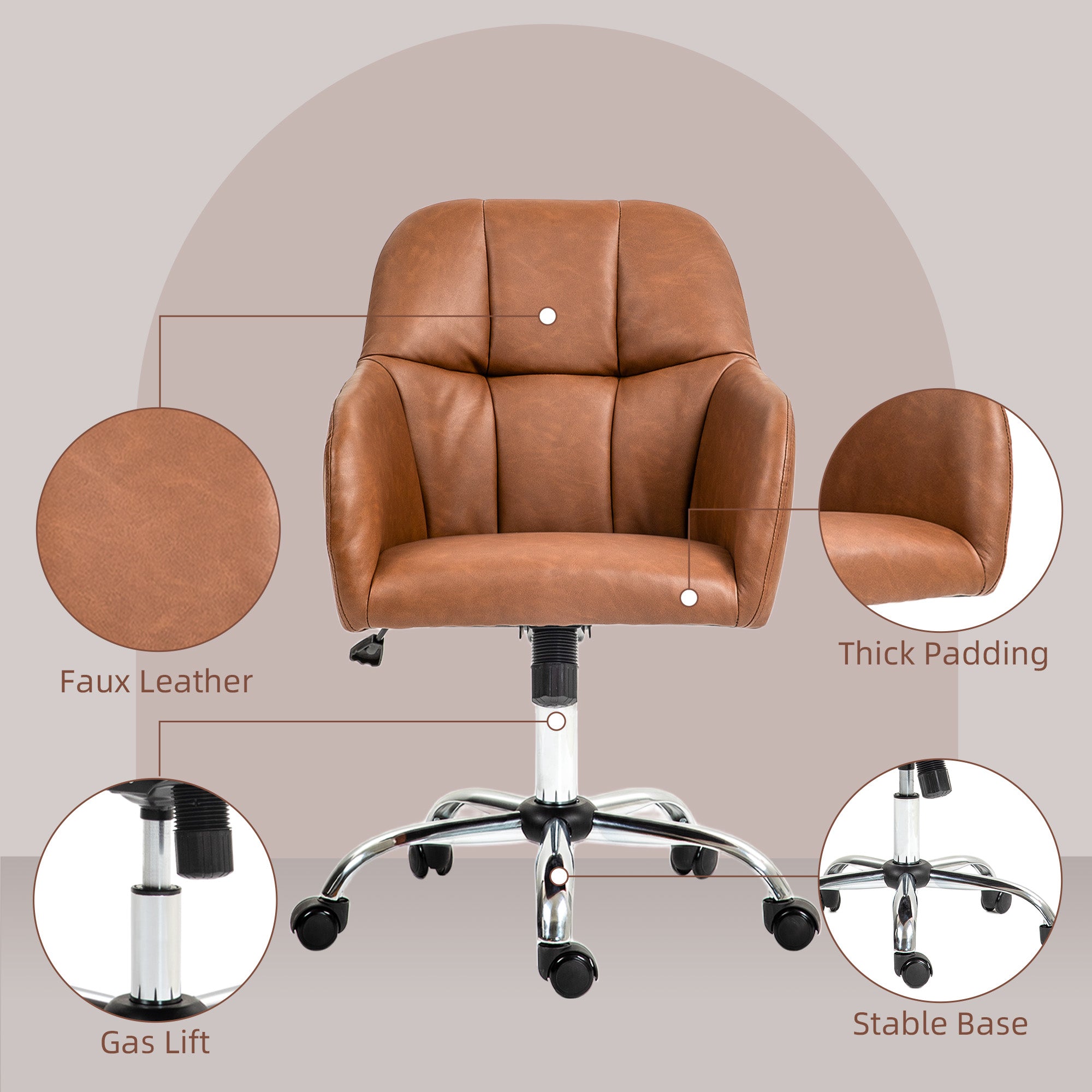 HOMCOM Faux Leather Tub Office Chair, with Wheels - Brown - North Peak Garden Furniture