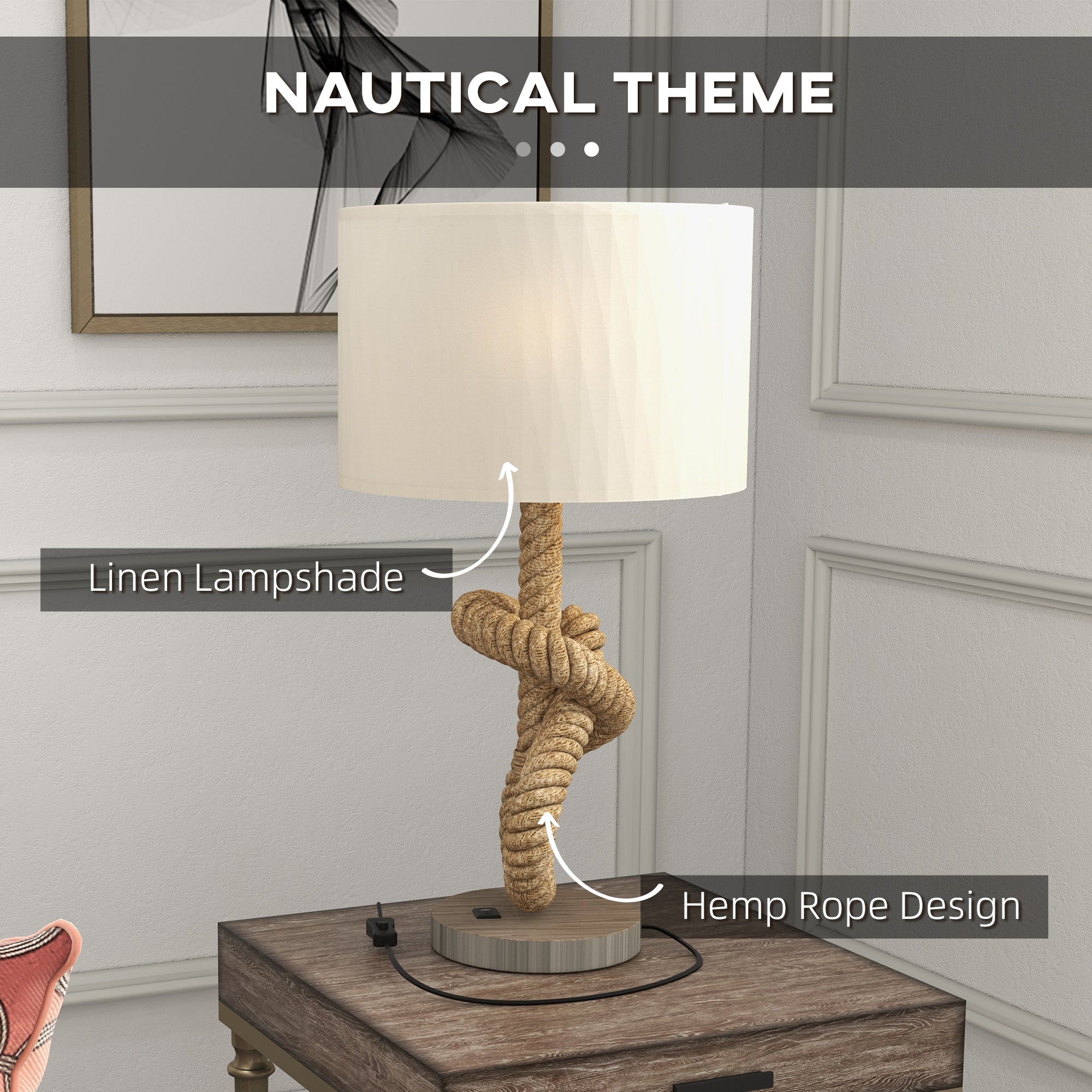 HOMCOM Nautical LED Table Lamp with USB Charging Port, Bedside Desk Lamp for Bedroom, Living Room, Home Office - North Peak Garden Furniture