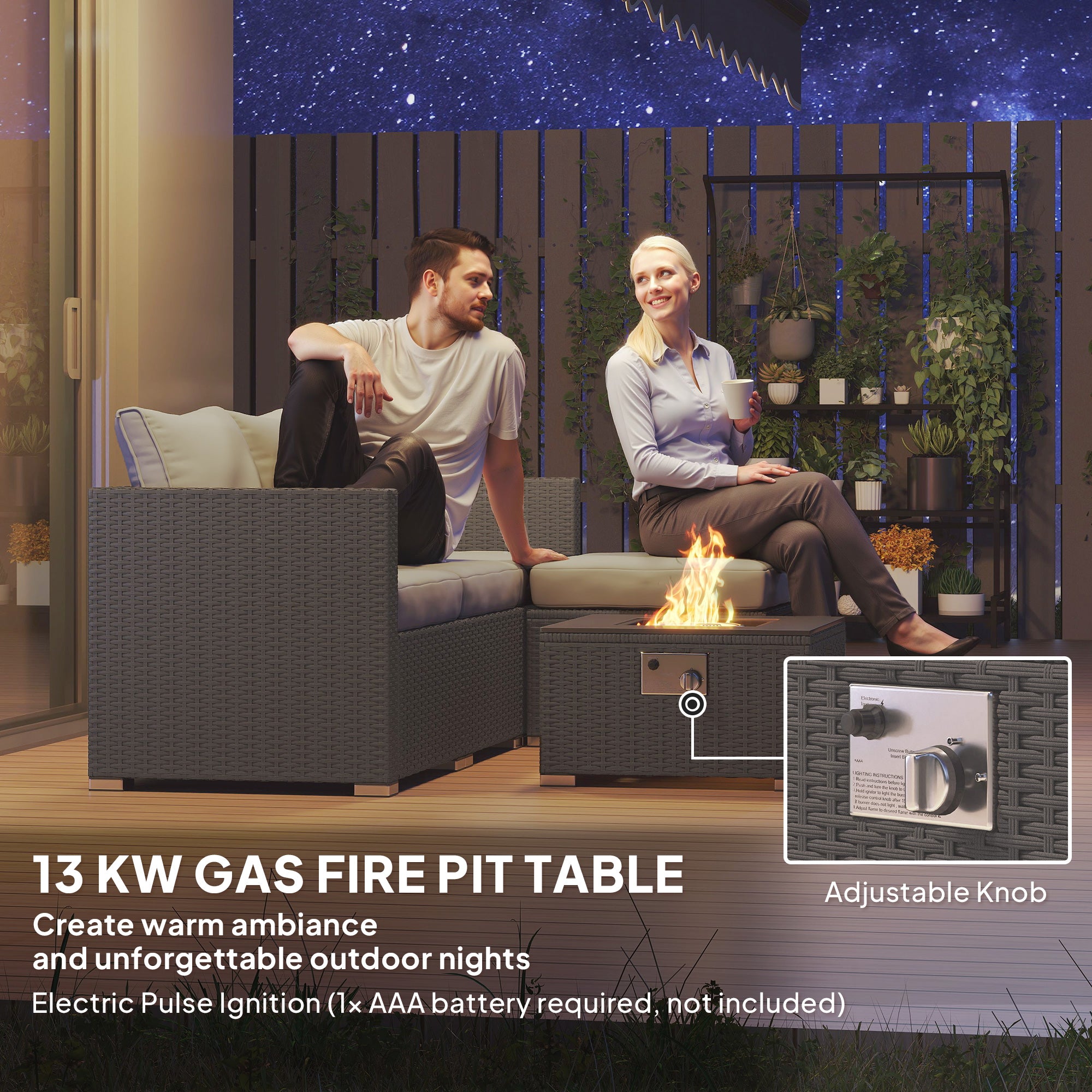 Outsunny Five Piece Rattan Garden Furniture Set with Gas Fire Pit Table and Footstool - Grey - North Peak Garden Furniture