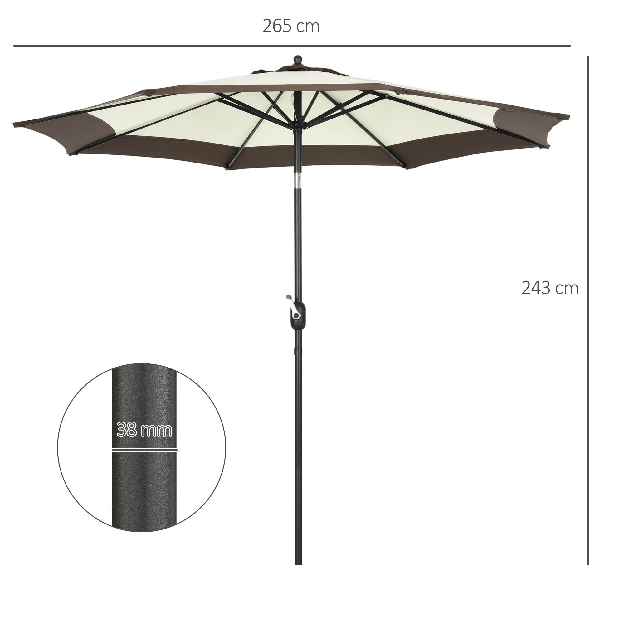 Outsunny 2.7m Garden Parasol Umbrella with 8 Metal Ribs, Tilt and Crank, Outdoor Sunshades for Garden, Patio, Beach, Yard, Coffee - North Peak Garden Furniture