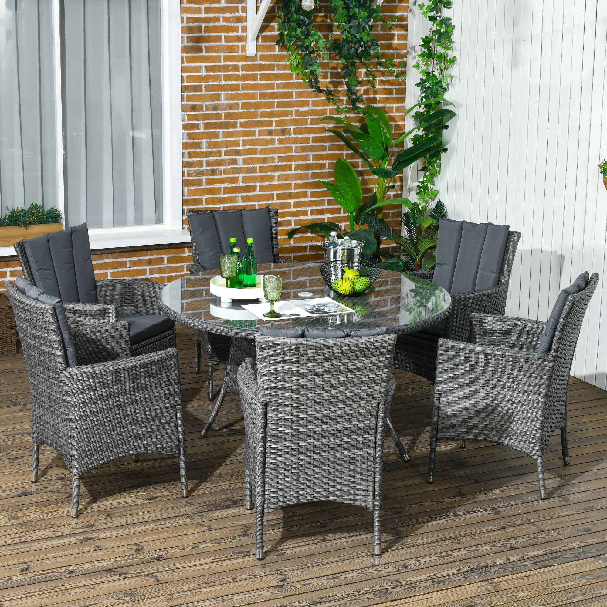 Outsunny Seven-Piece Rattan Dining Table, with Round Glass-Top Table - North Peak Garden Furniture