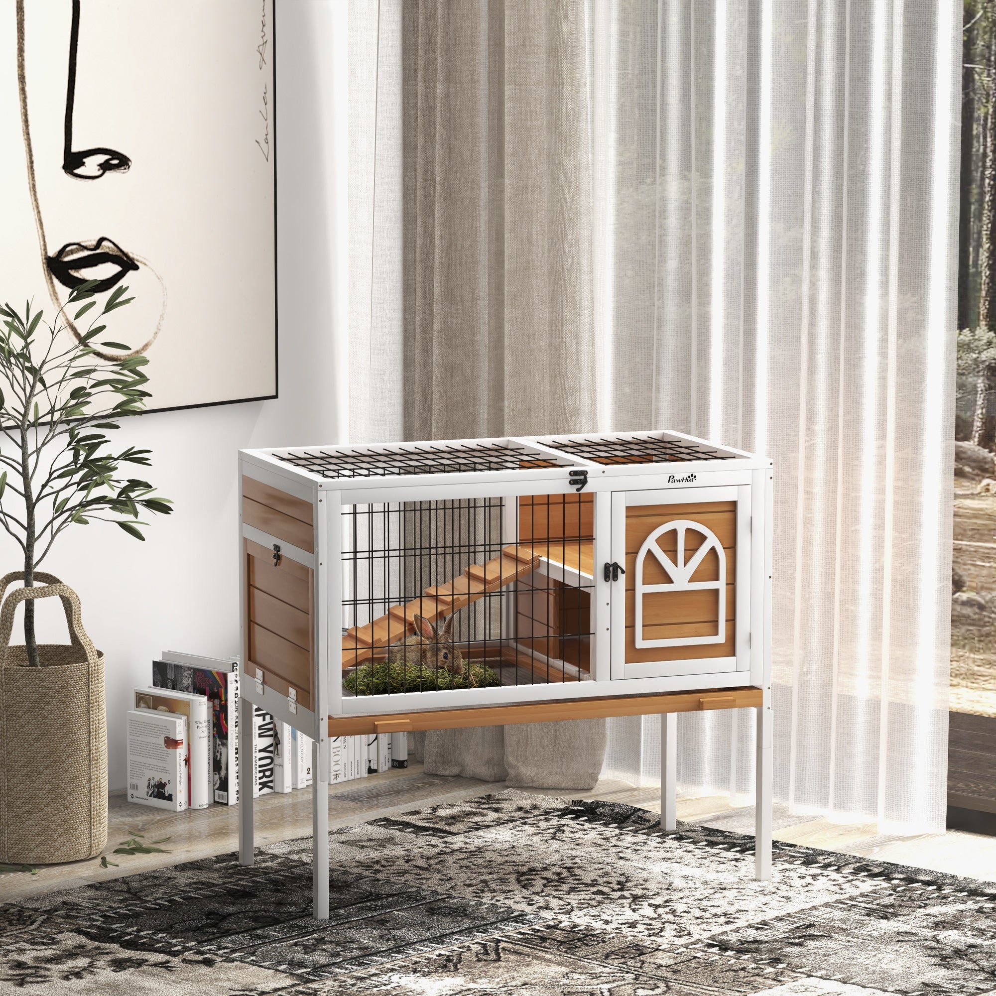 PawHut Wooden Rabbit Hutch, Guinea Pig Cage, with Removable Tray, Openable Roof - North Peak Garden Furniture