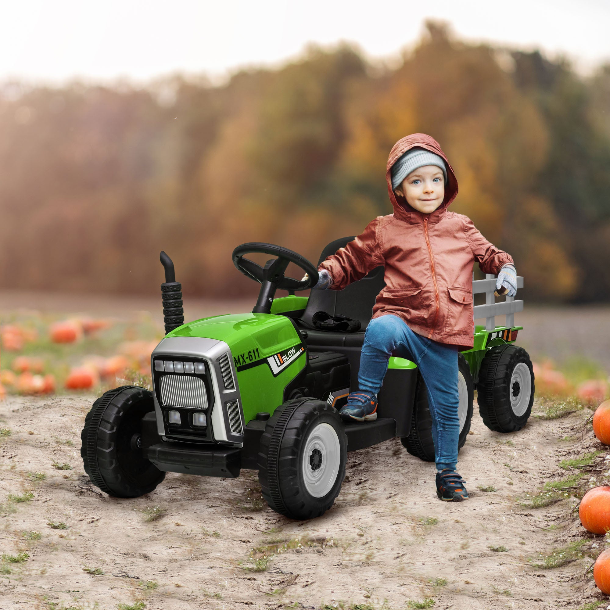 HOMCOM Ride On Tractor, Battery Powered Electric Car, with Detachable Trailer, Remote Control, Music - Green - North Peak Garden Furniture