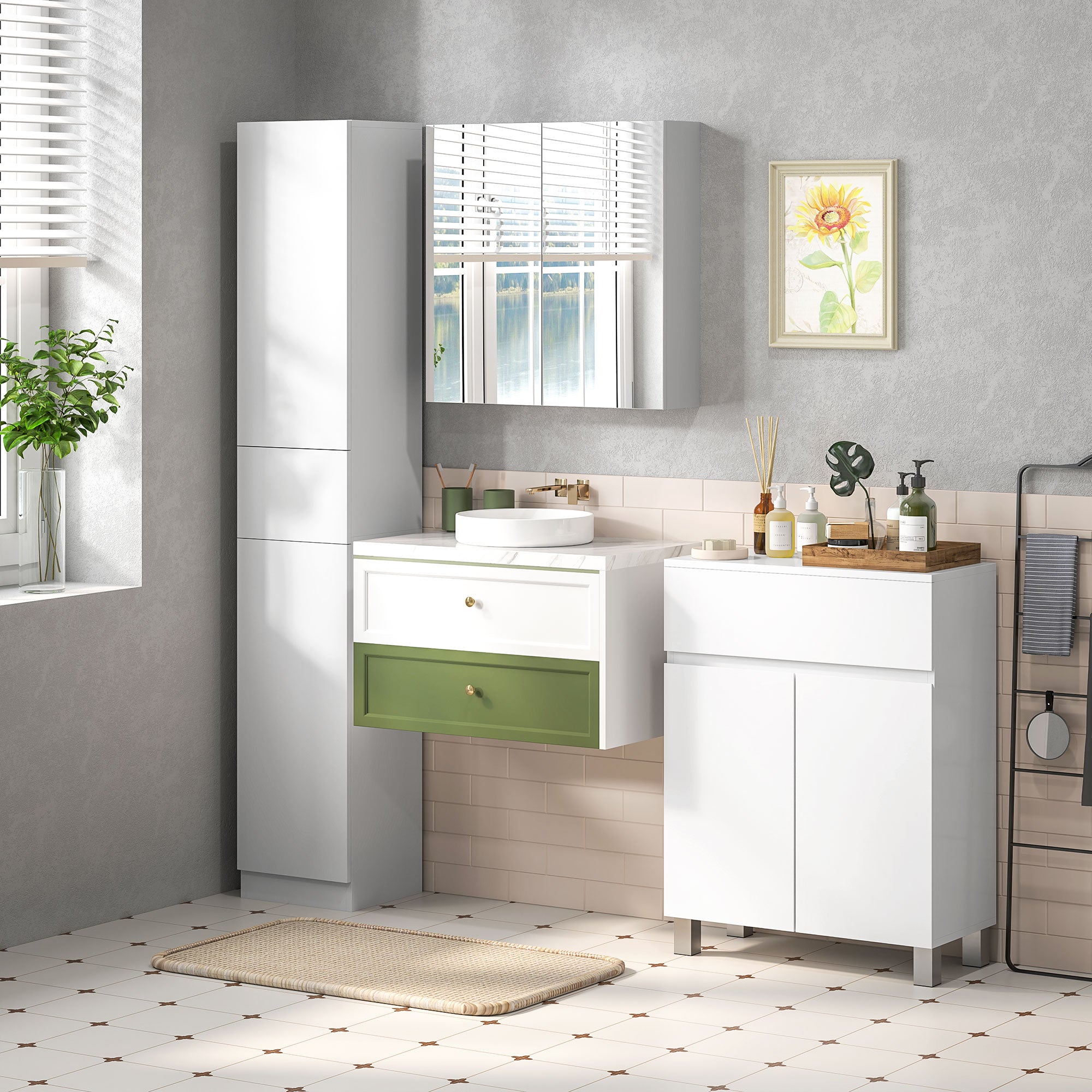 kleankin Bathroom Mirror Cabinet, Wall Mounted Bathroom Storage Cupboard with Adjustable Shelf, 60W x 15D x 60Hcm, High Gloss White - North Peak Garden Furniture