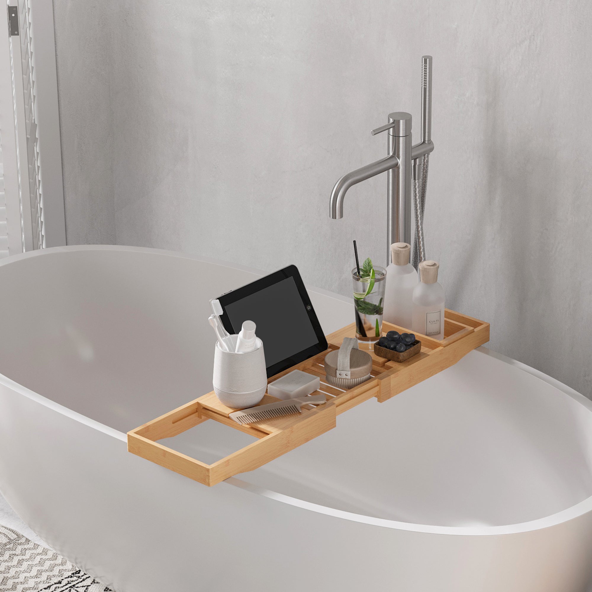 HOMCOM Extendable Bamboo Bathtub Shelf Rack Bath Caddy Tray Bathroom Storage - North Peak Garden Furniture