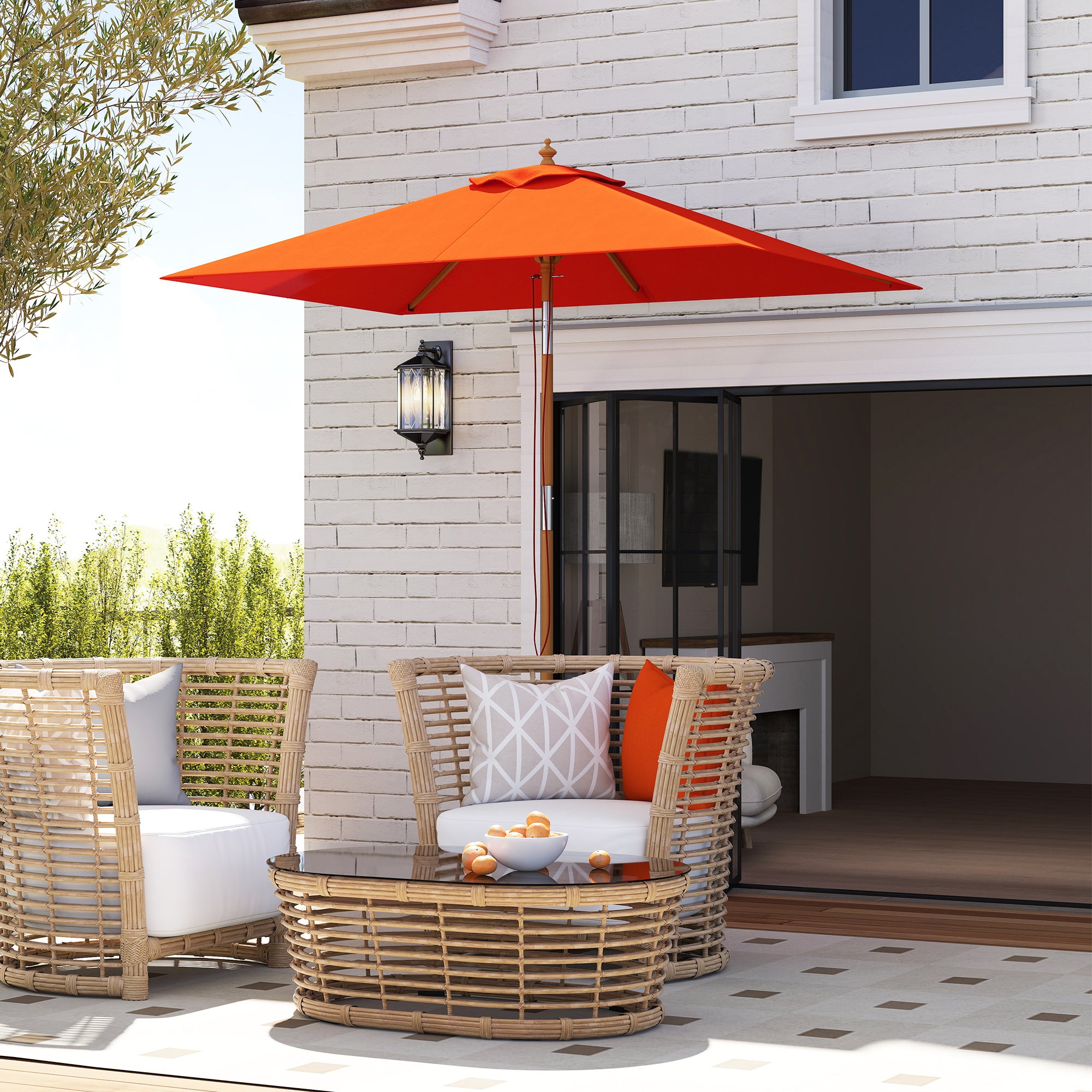 Outsunny 2m Tilting Wooden Pole Parasol - Orange - North Peak Garden Furniture
