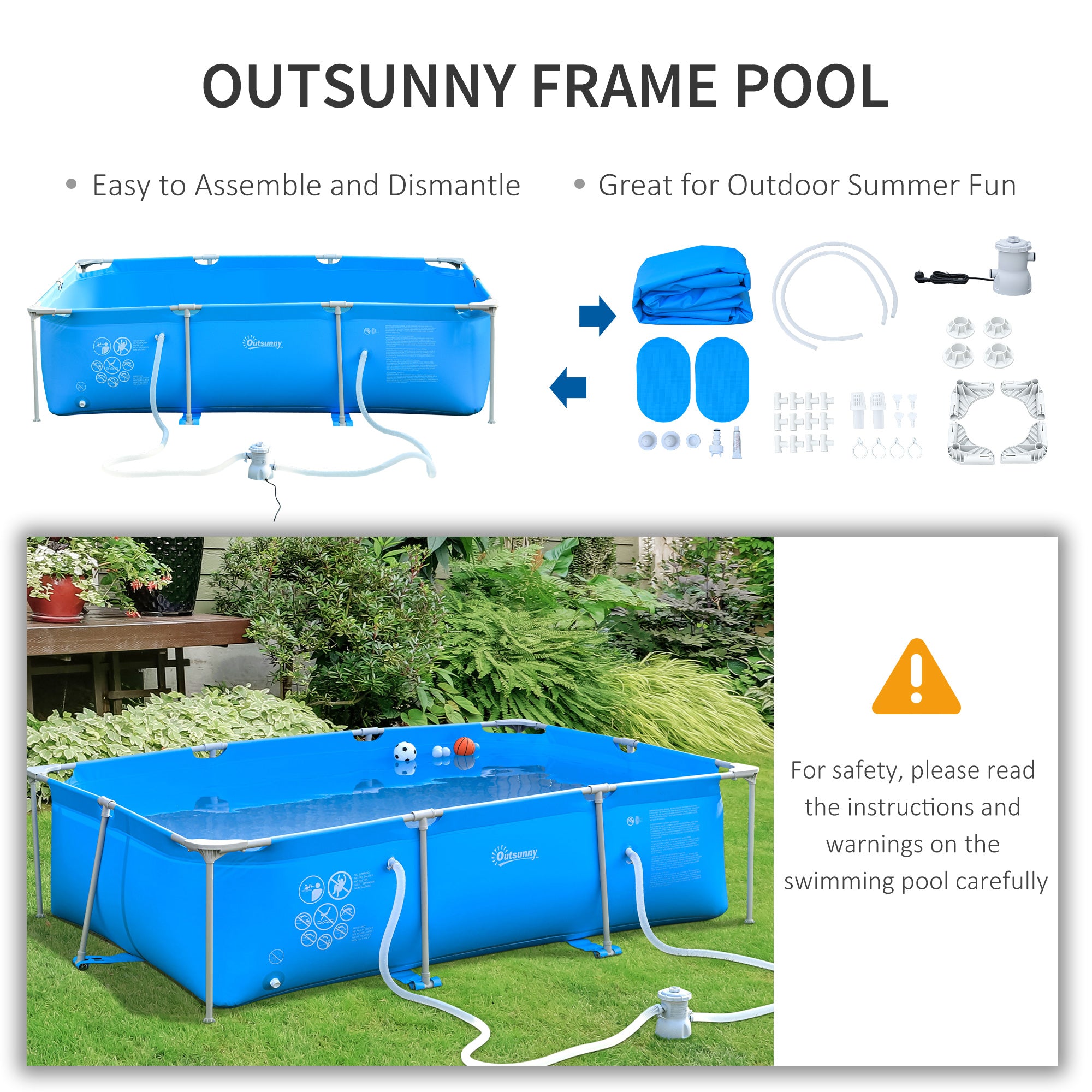 Outsunny Steel Frame Pool with Filter Pump, Filter Cartridge, Reinforced Sidewalls Rust Resistant Above Ground Swimming Pool 292 x 190 x 75cm, Blue