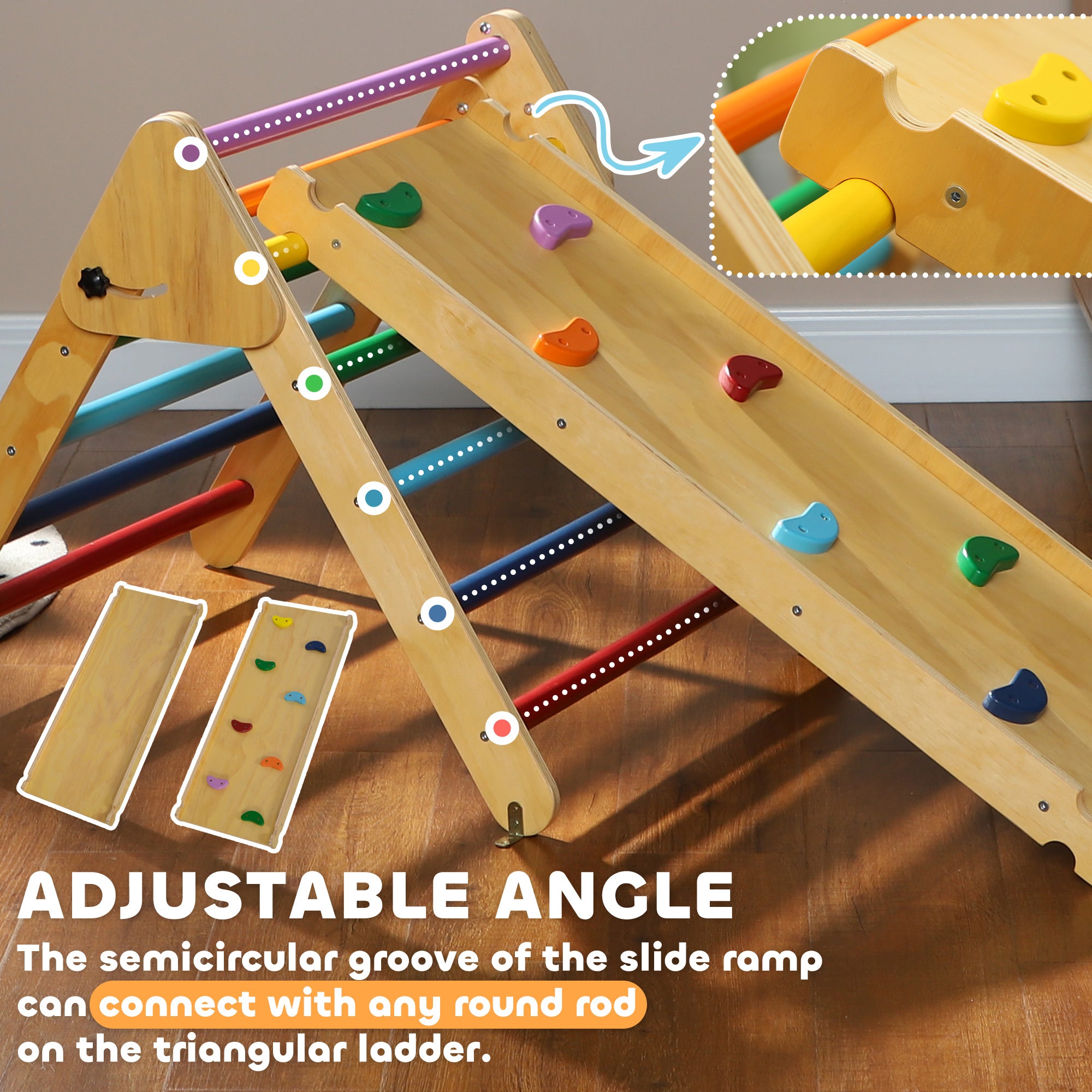 AIYAPLAY Toddler Climbing Frame for Kids with Ramp, 3 in 1 Wooden Pikler Triangle Set for 18-48 Months, Multicolour - North Peak Garden Furniture