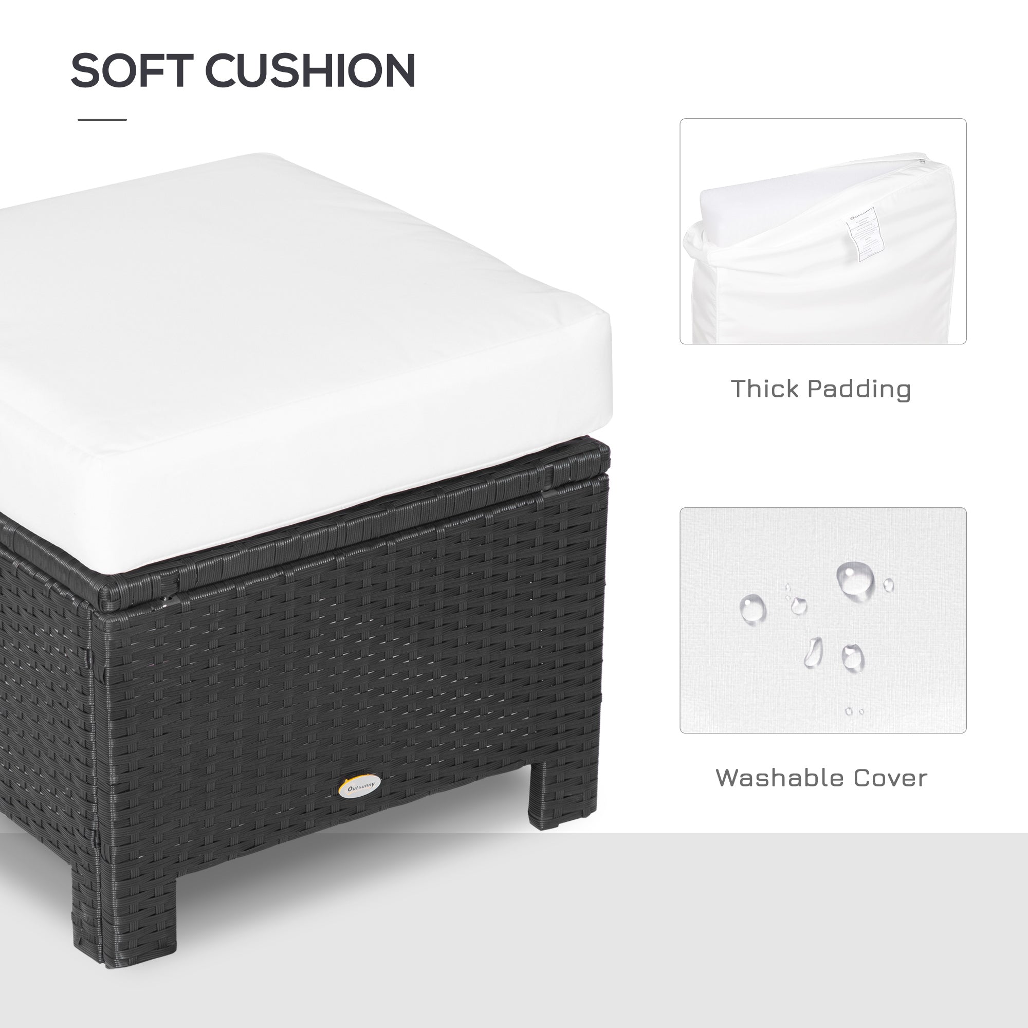 Outsunny Rattan Footstool Wicker Ottoman with Padded Seat Cushion Outdoor Patio Furniture for Garden Poolside Living Room, 50 x 50 x 35 cm, Black - North Peak Garden Furniture