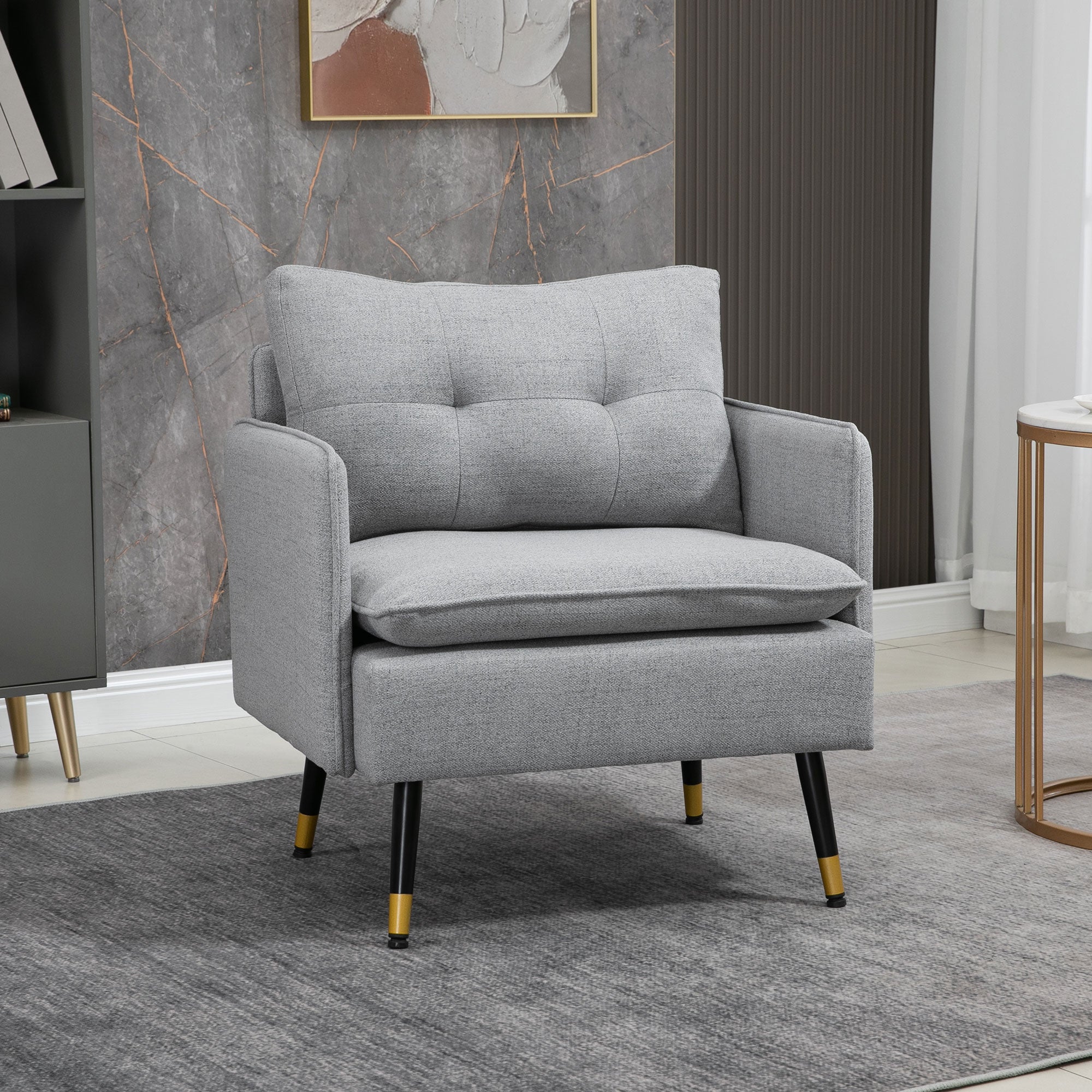 HOMCOM Modern Accent Chair, Upholstered Button Tufted Occasional Chair for Living Room and Bedroom, Grey - North Peak Garden Furniture