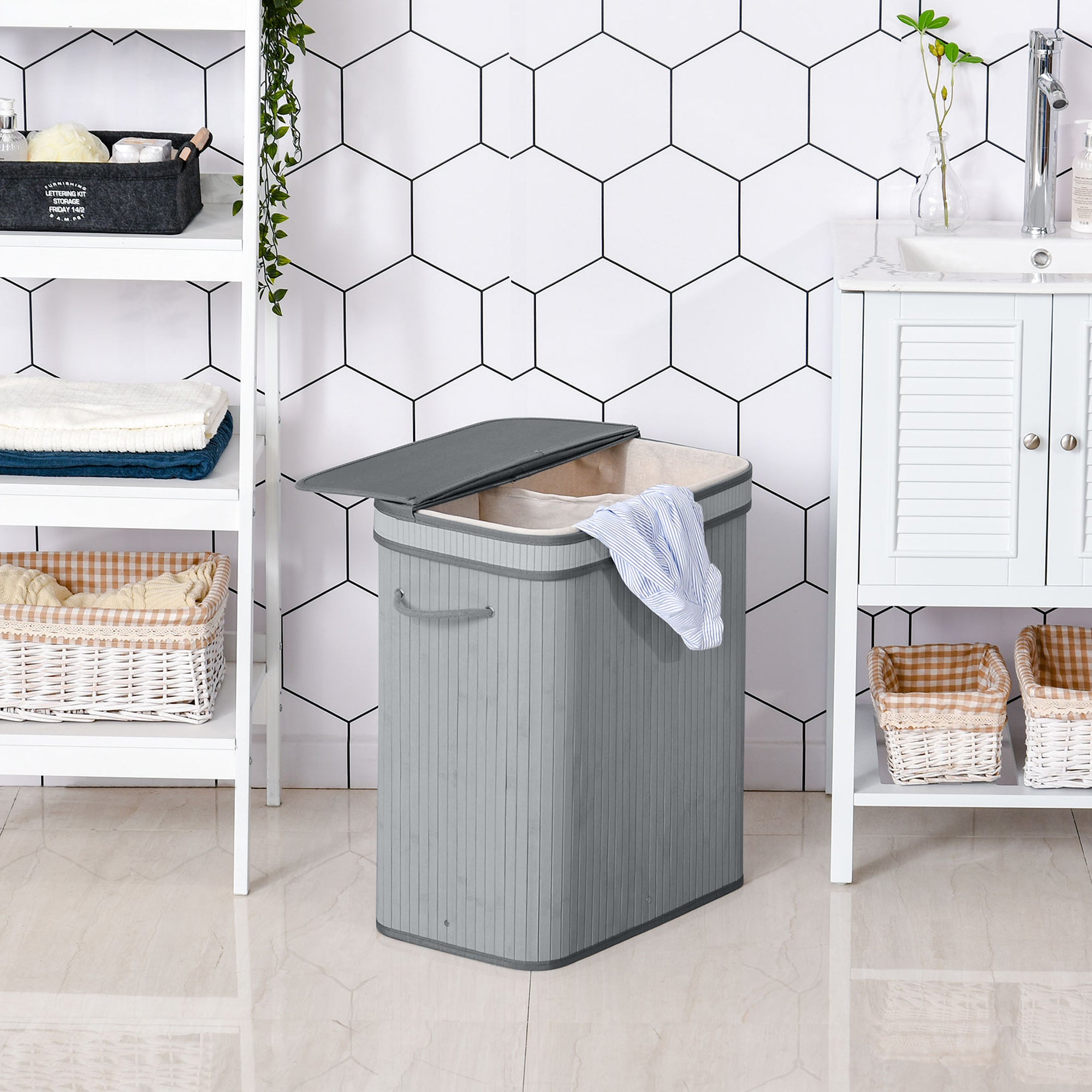 HOMCOM 100L Natural Wood Laundry Basket A Compartment w/Flip Lid Removable Lining Handles Board Base Foldable Durable Water-Resistant Dirty Clothes Storage Home Organisation Grey - North Peak Garden Furniture
