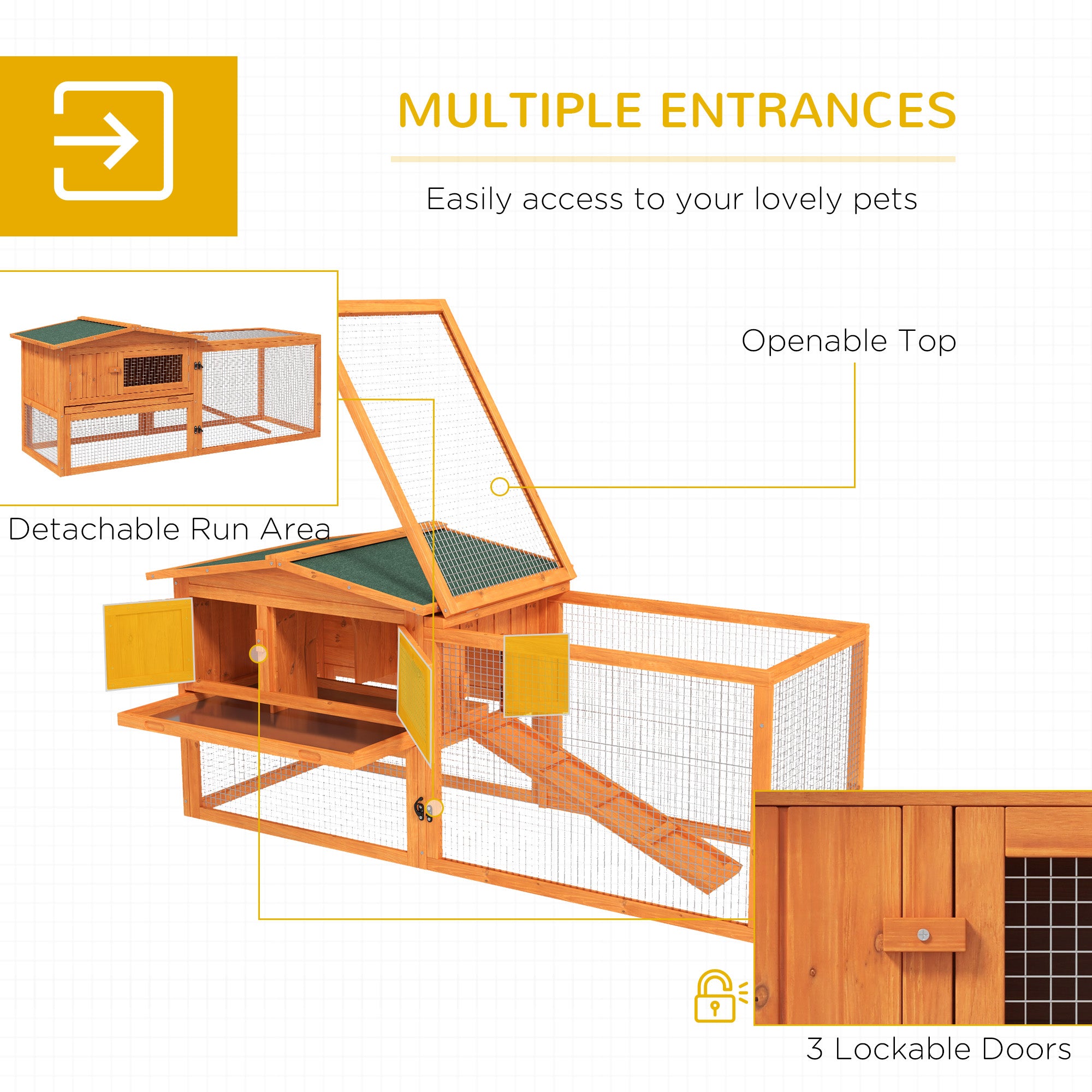 PawHut Rabbit Hutch with Run Wooden Guinea Pig Hutch Outdoor Bunny Cage Hide House with Sliding Tray, Hay Rack, Ramp, 156 x 58 x 68cm, Orange - North Peak Garden Furniture