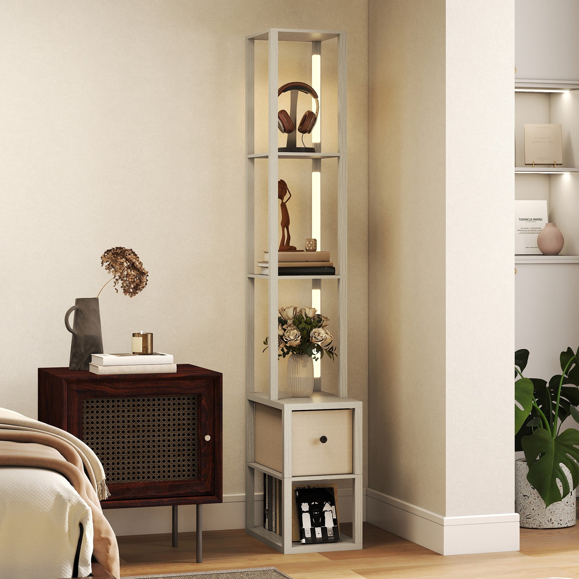 HOMCOM Floor Lamp with Shelves, LED Column Modern Standing Lamp with Fabric Drawer, Adjustable Brightness, Foot Switch for Living Room, Bedroom, Office, Oak