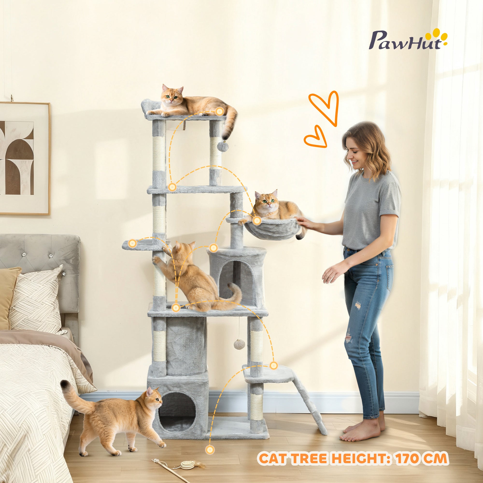PawHut 170 cm Large Cat Tree, Cat Tower with 7 Scratching Posts, Tunnel, 2 Condos, Hammock, Perch, Ramp, Pompoms, Light Grey