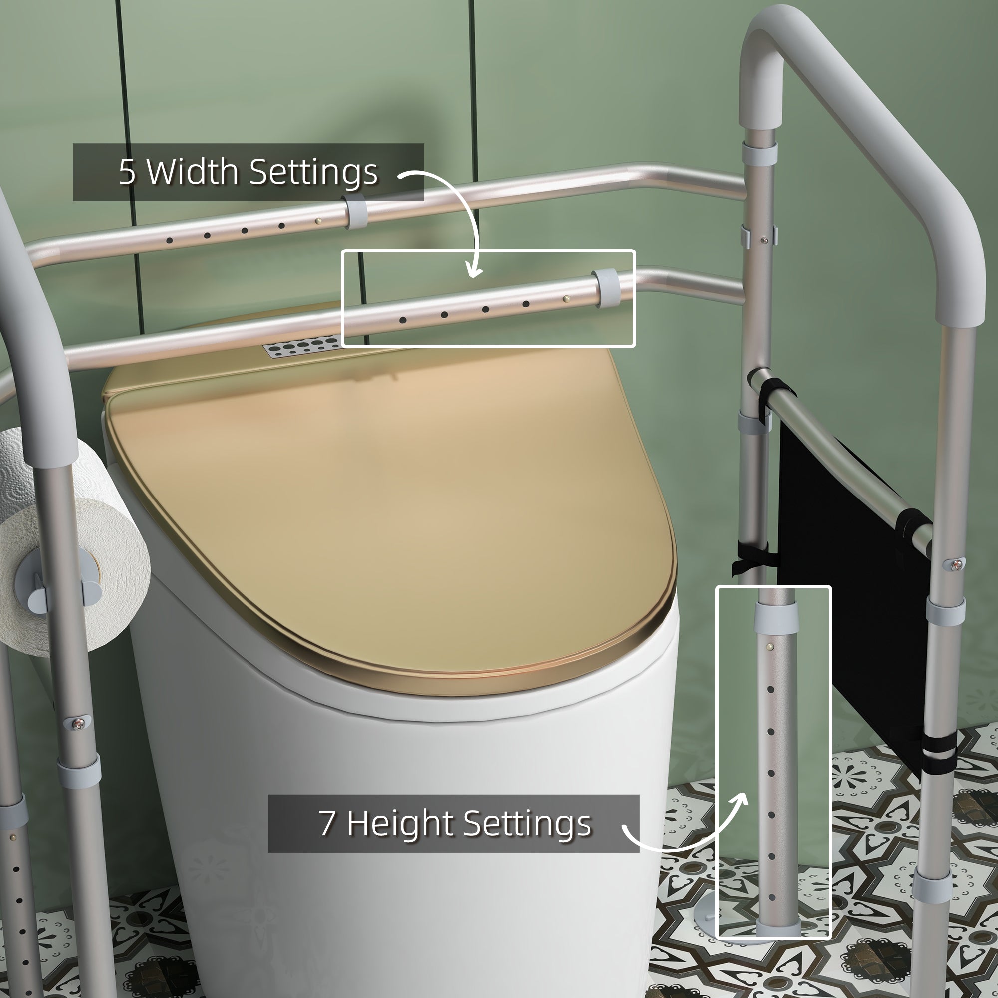 HOMCOM Free Standing Toilet Frame, Height and Width Adjustable Toilet Safety Frame with Arms, 2 Additional Suction Cups, Storage for Elderly, Disabled, Handrail Grab Bar, 136kg Weight Capacity