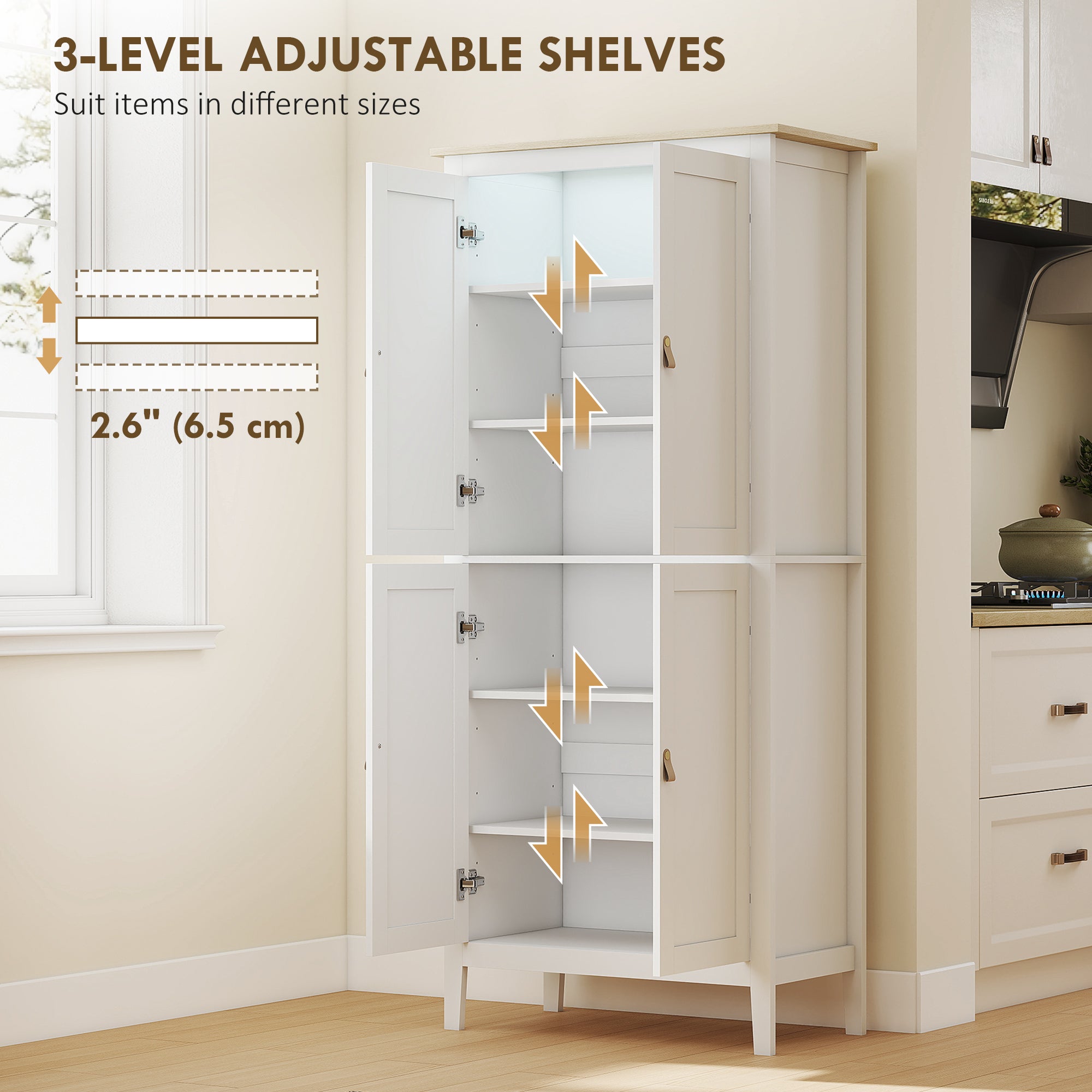 HOMCOM 176.5 cm Tall Pantry Cupboard with Motion Sensor LED Light - White
