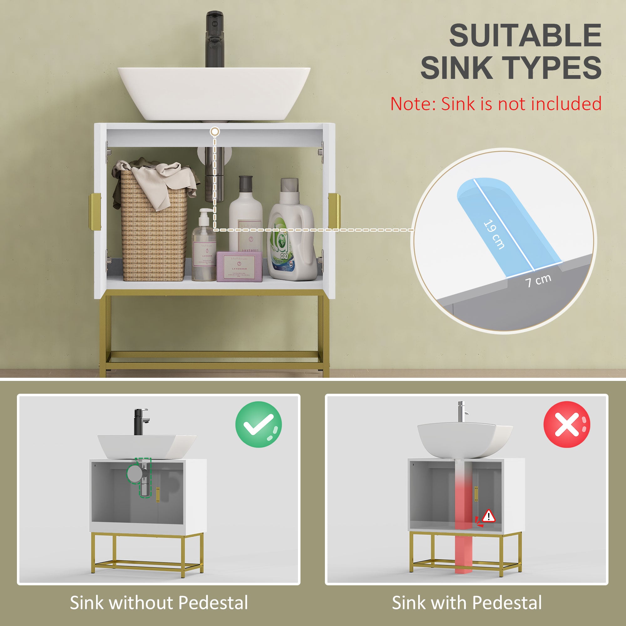 kleankin Bathroom Mirror Cabinet Under Sink Storage Cabinet Basin Cupboard with 2 Doors and Gold Steel Legs - North Peak Garden Furniture