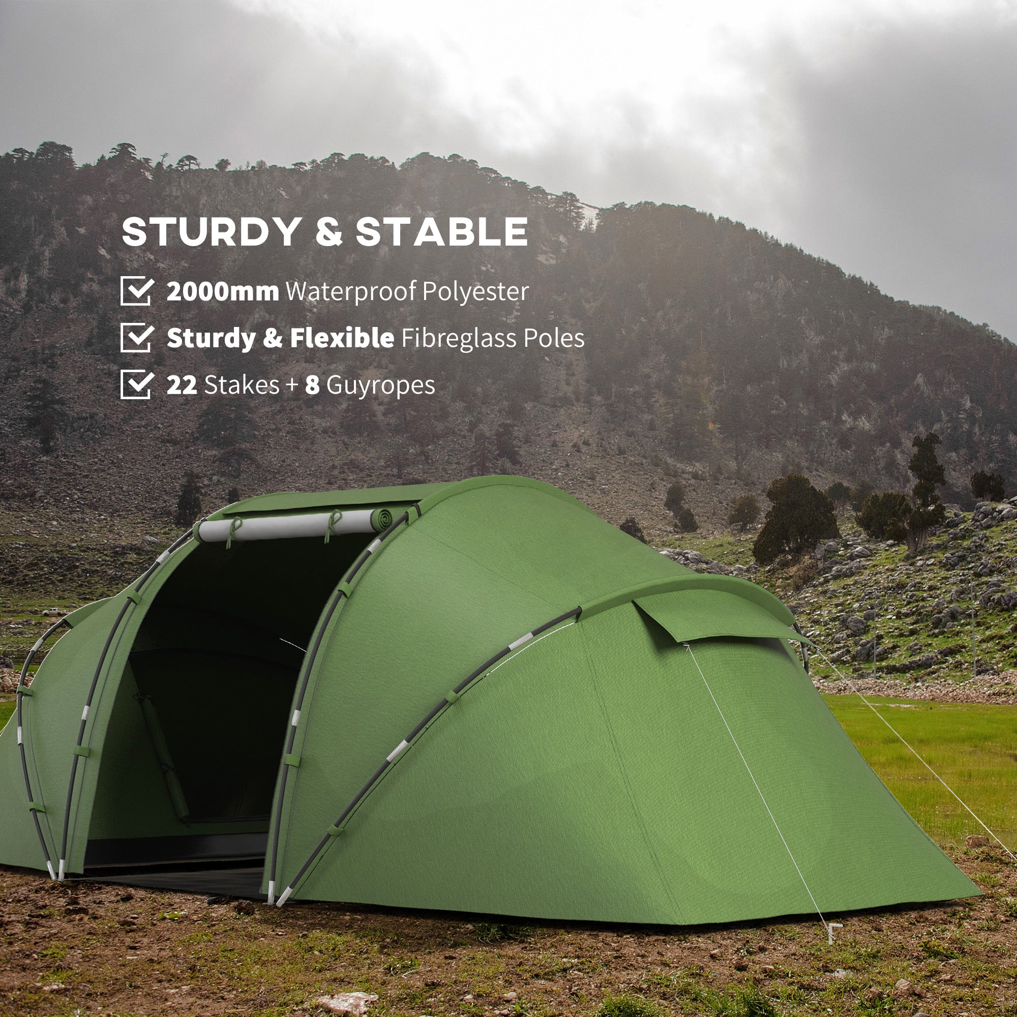 Outsunny 4-6 Man Camping Tent w/ Two Bedroom, Hiking Sun Shelter, UV Protection Tunnel Tent, Dark Green - North Peak Garden Furniture