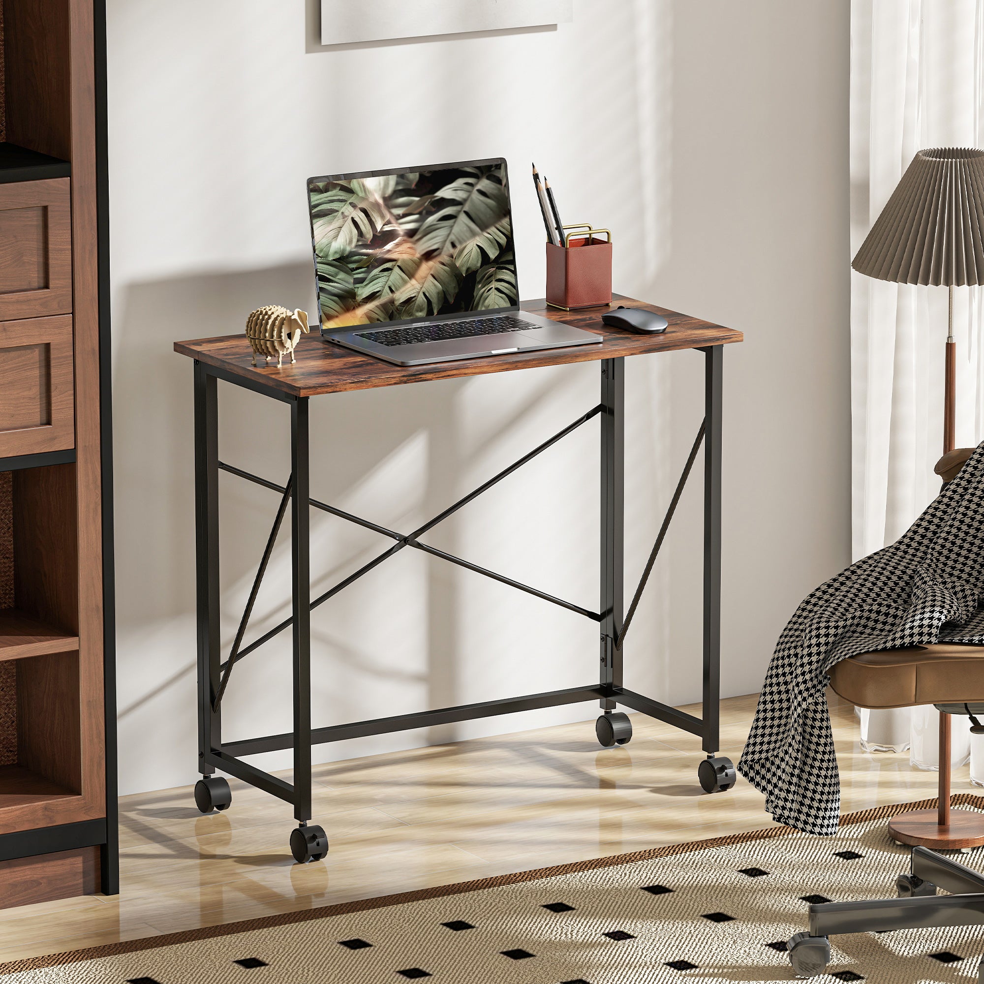 HOMCOM 80 cm Folding Desk on Wheels - Rustic Brown - North Peak Garden Furniture