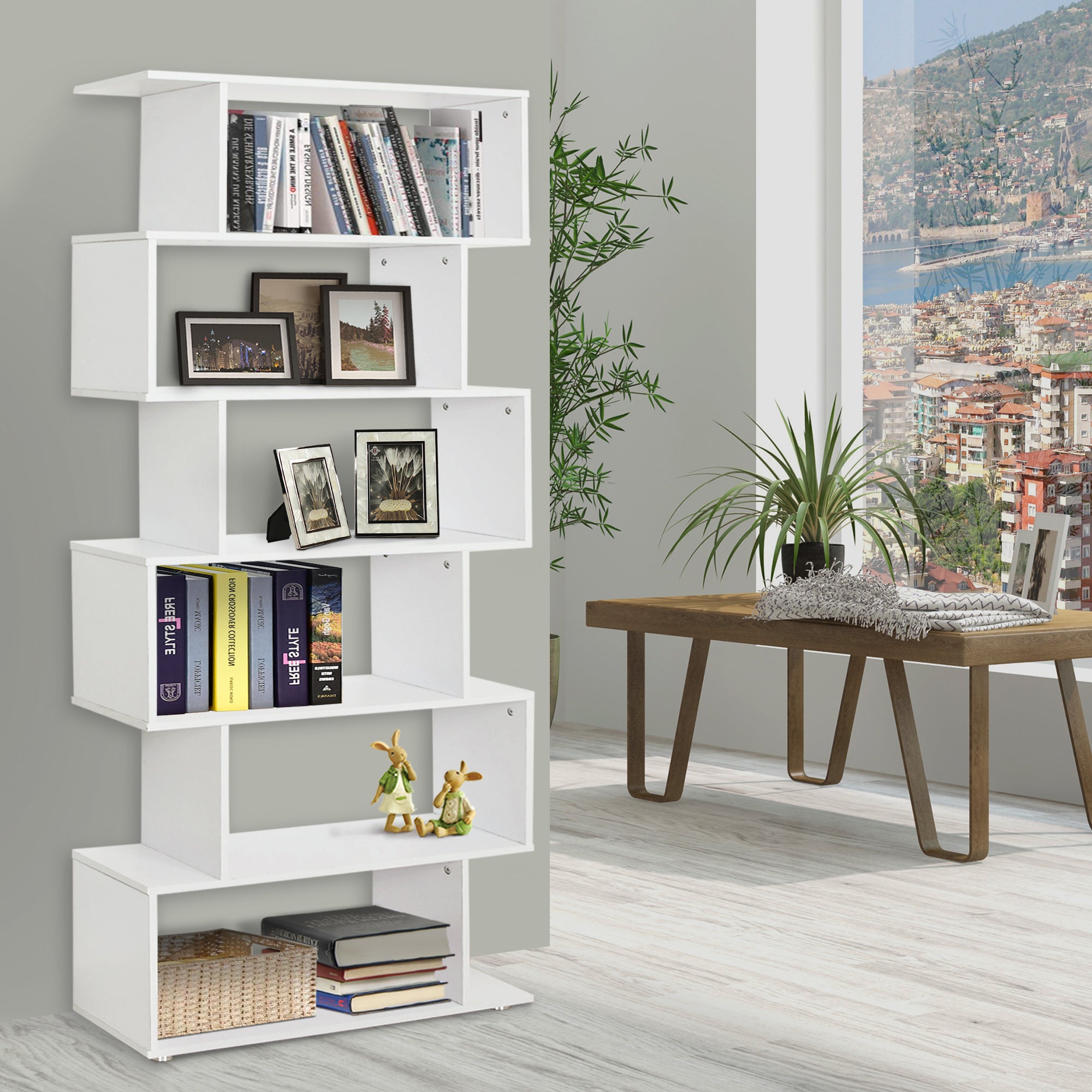 HOMCOM S Shape Wooden 6-tier Bookshelf Open Concept Bookcase Storage Display Unit for Home Office Living Room, White