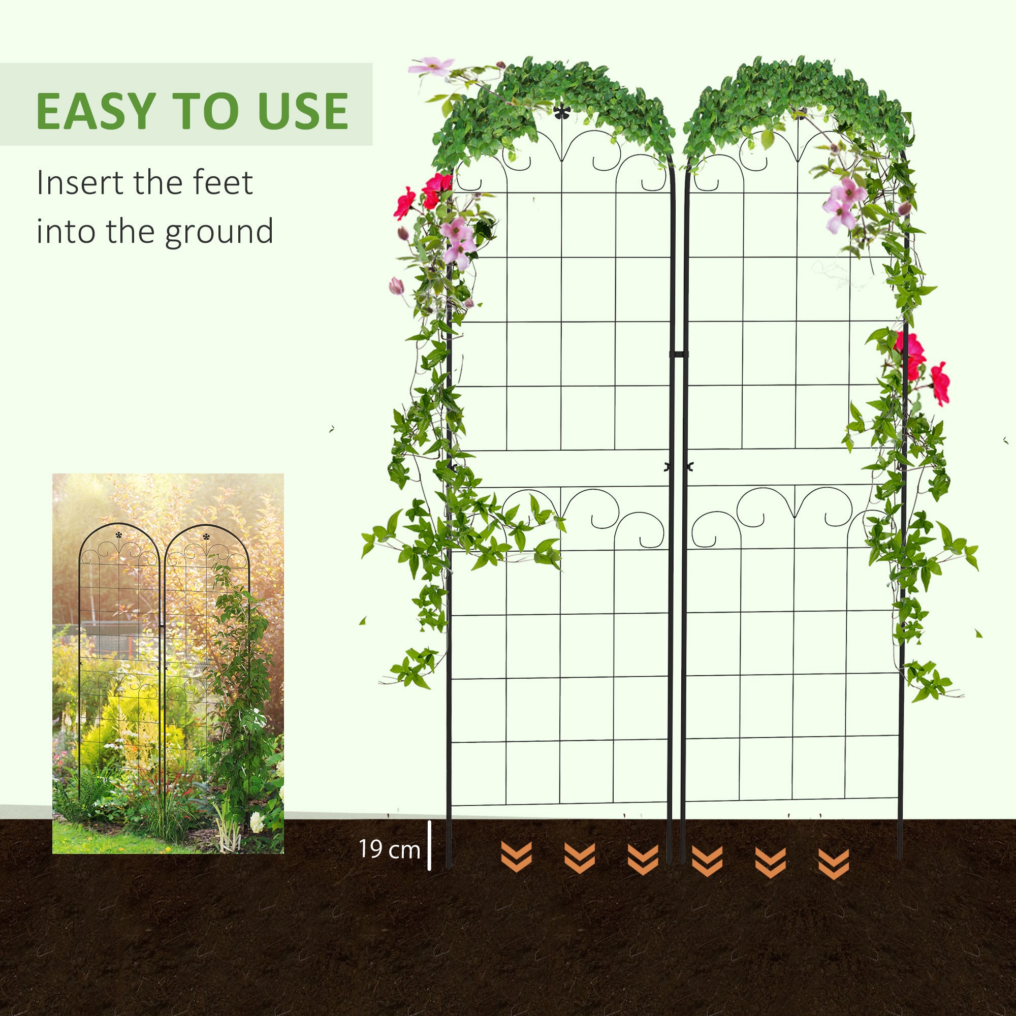 Outsunny Metal Trellis Set of 2, Garden Trellis for Climbing Plants Support Frames, Floral Design - North Peak Garden Furniture