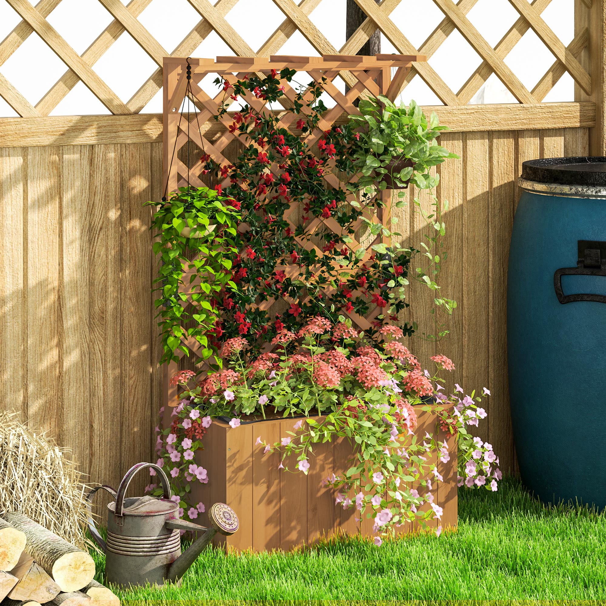 Outsunny Wooden Planter with Trellis, Freestanding Raised Garden Bed with Drainage Holes, Outdoor Planter Box with Liner for Vegetables, Herbs and Flowers, Natural - North Peak Garden Furniture