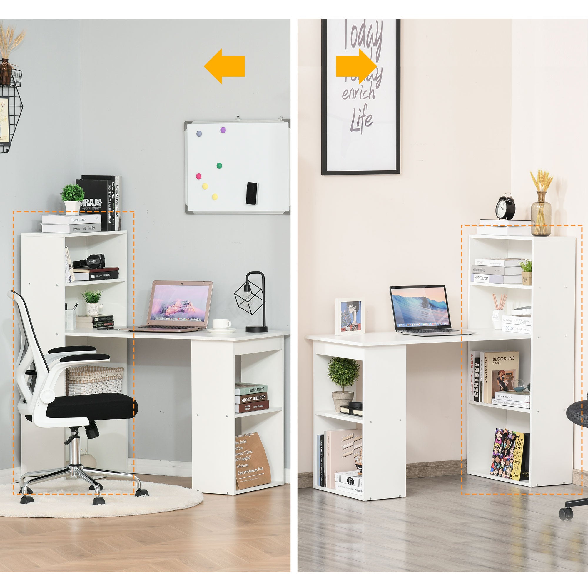 HOMCOM 120cm Modern Computer Desk Bookshelf Study Table Workstation PC Laptop Writing Home Office 6 Shelves White