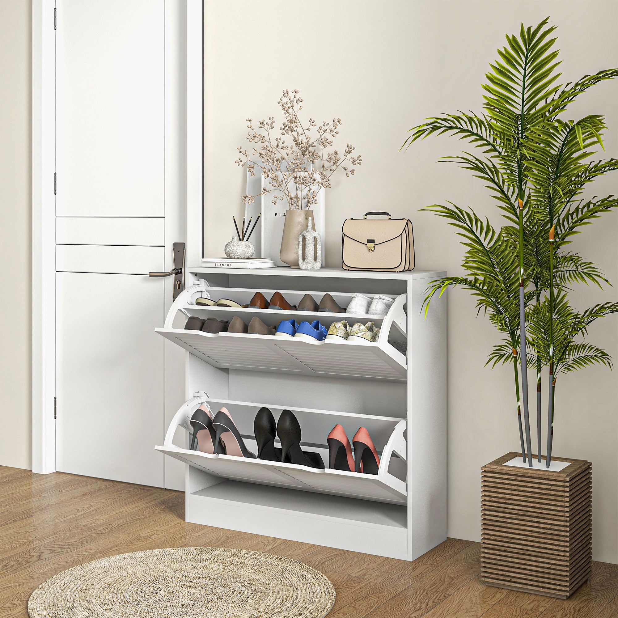 HOMCOM 2 Drawers Entryway Shoe Cabinet, Narrow Shoe Storage Cabinet with 2 Flip Drawers, Louvred Door Design and Adjustable Shelves for 16 Pairs of Shoes, White - North Peak Garden Furniture