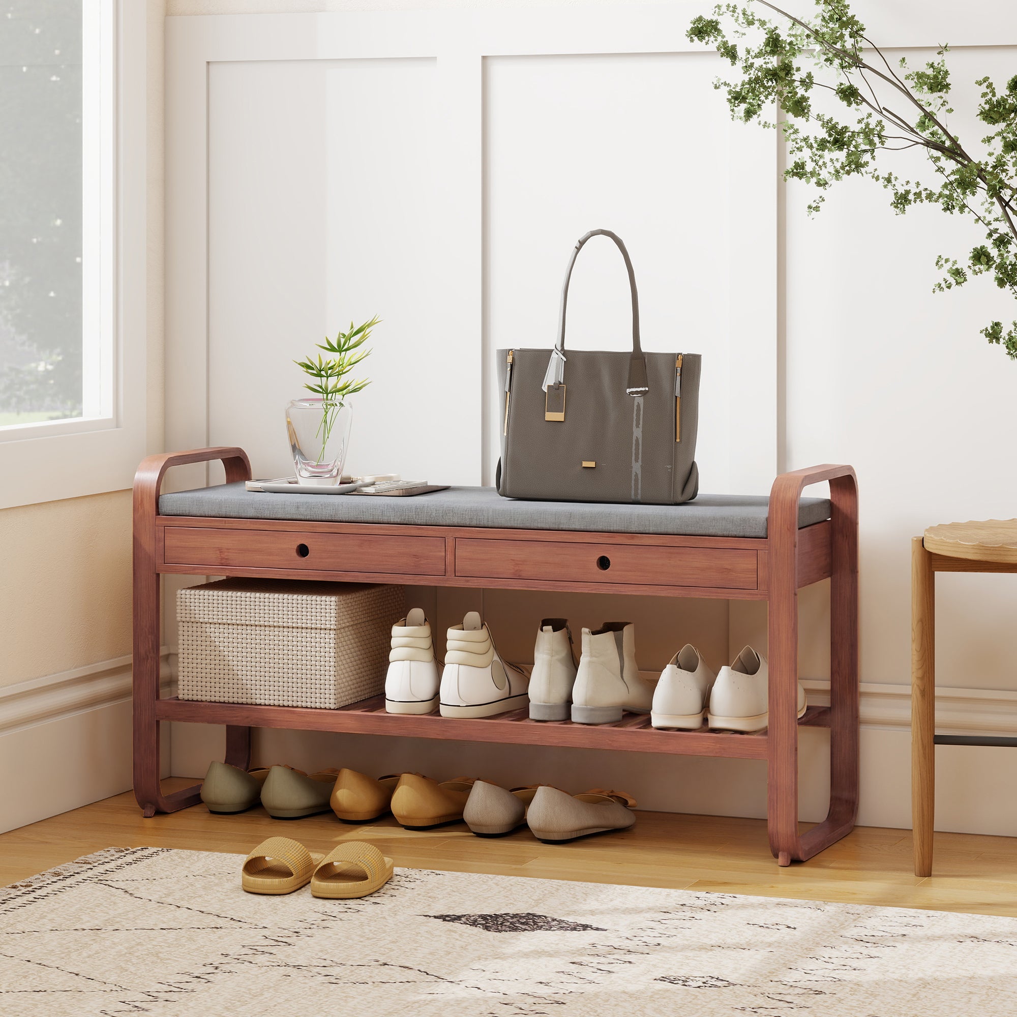 HOMCOM Shoe Bench with 2 Drawers Cushioned Seat Shoe Storage Bench for Hallway 105 cm Dark Brown and Grey