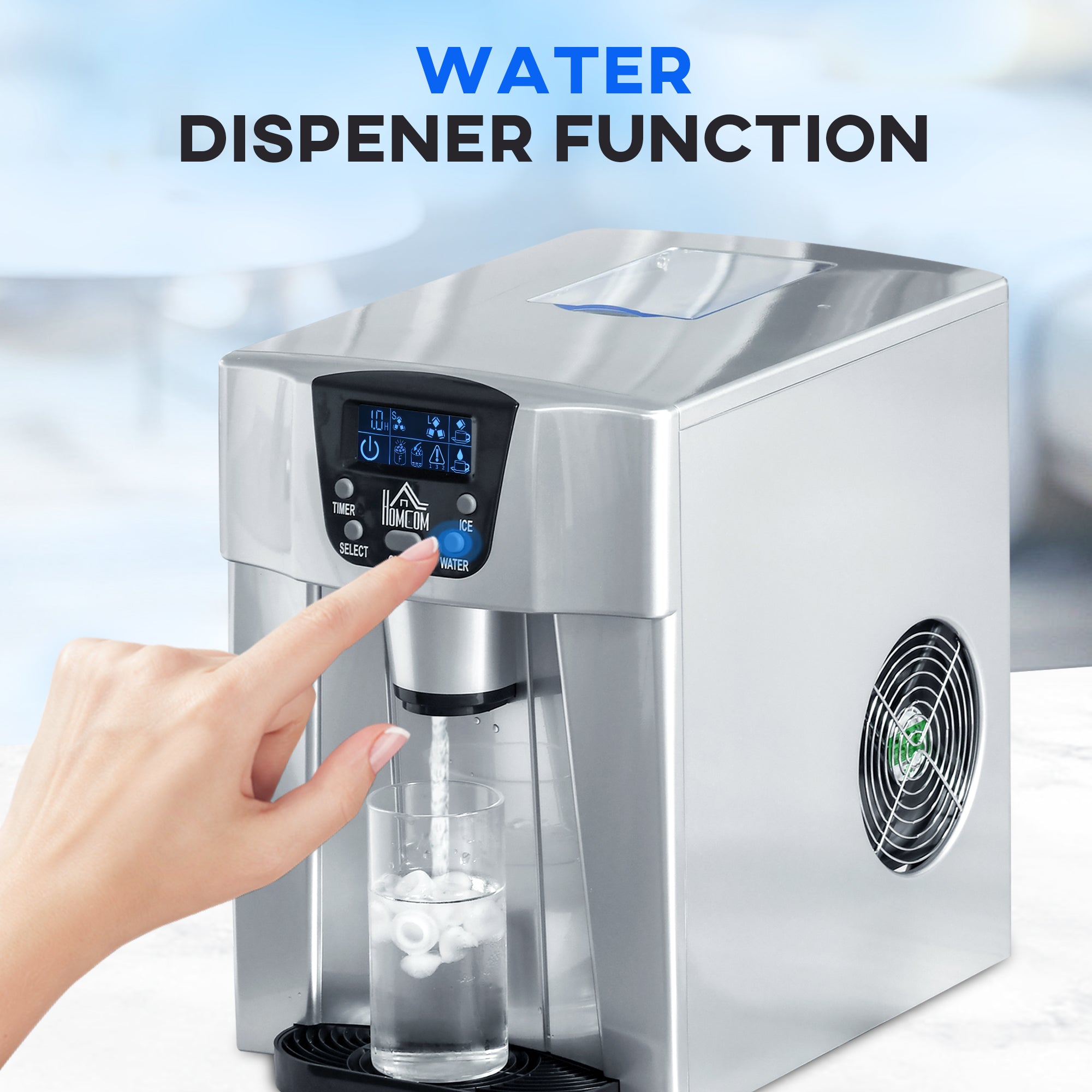 HOMCOM Ice Maker Machine and Water Dispenser, Counter Top Ice Cube Maker for Home with 3L Tank, Adjustable Cube Size, 9 Ice Cubes per 6-10 Minutes, No Plumbing Required, Silver - North Peak Garden Furniture