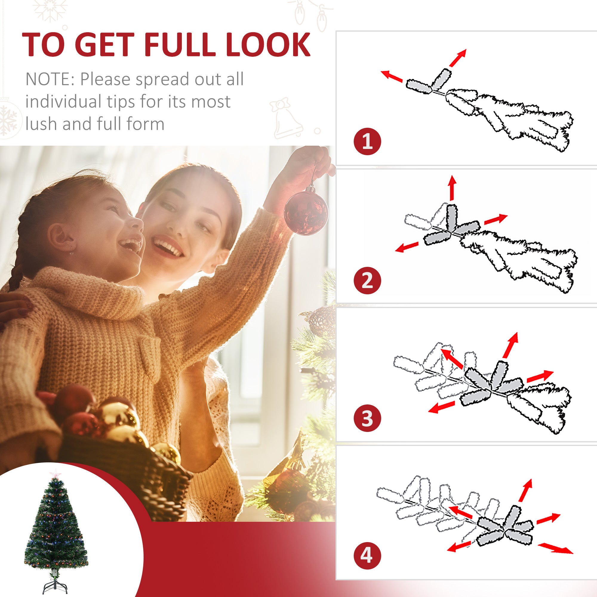 HOMCOM 4 Feet Prelit Artificial Christmas Tree with Multi-Coloured Fiber Optic LED Light, Holiday Home Xmas Decoration, Green - North Peak Garden Furniture