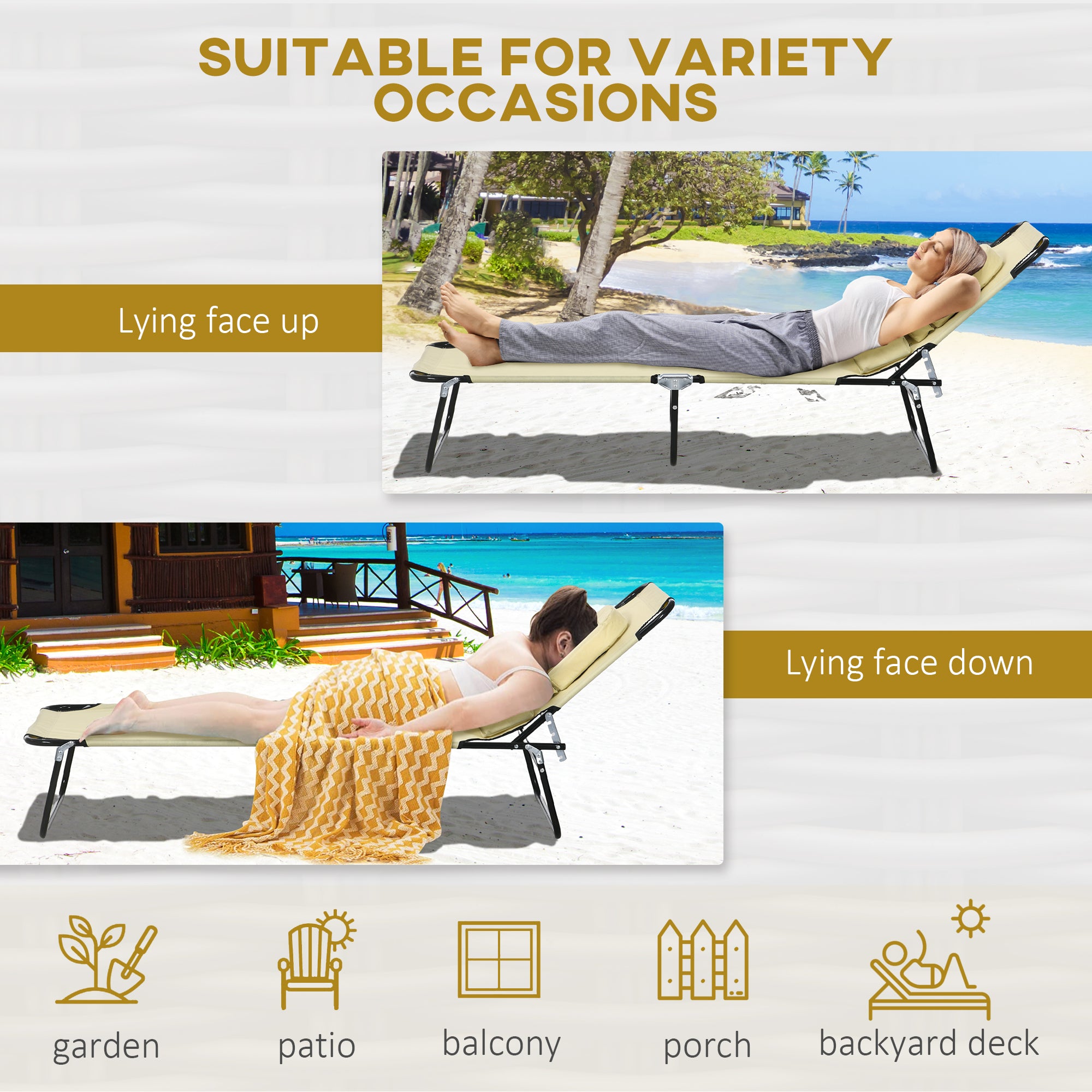 Outsunny Outdoor Foldable Sun Lounger Set of 2, 4 Level Adjustable Backrest Reclining Sun Lounger Chair with Pillow and Reading Hole, Beige