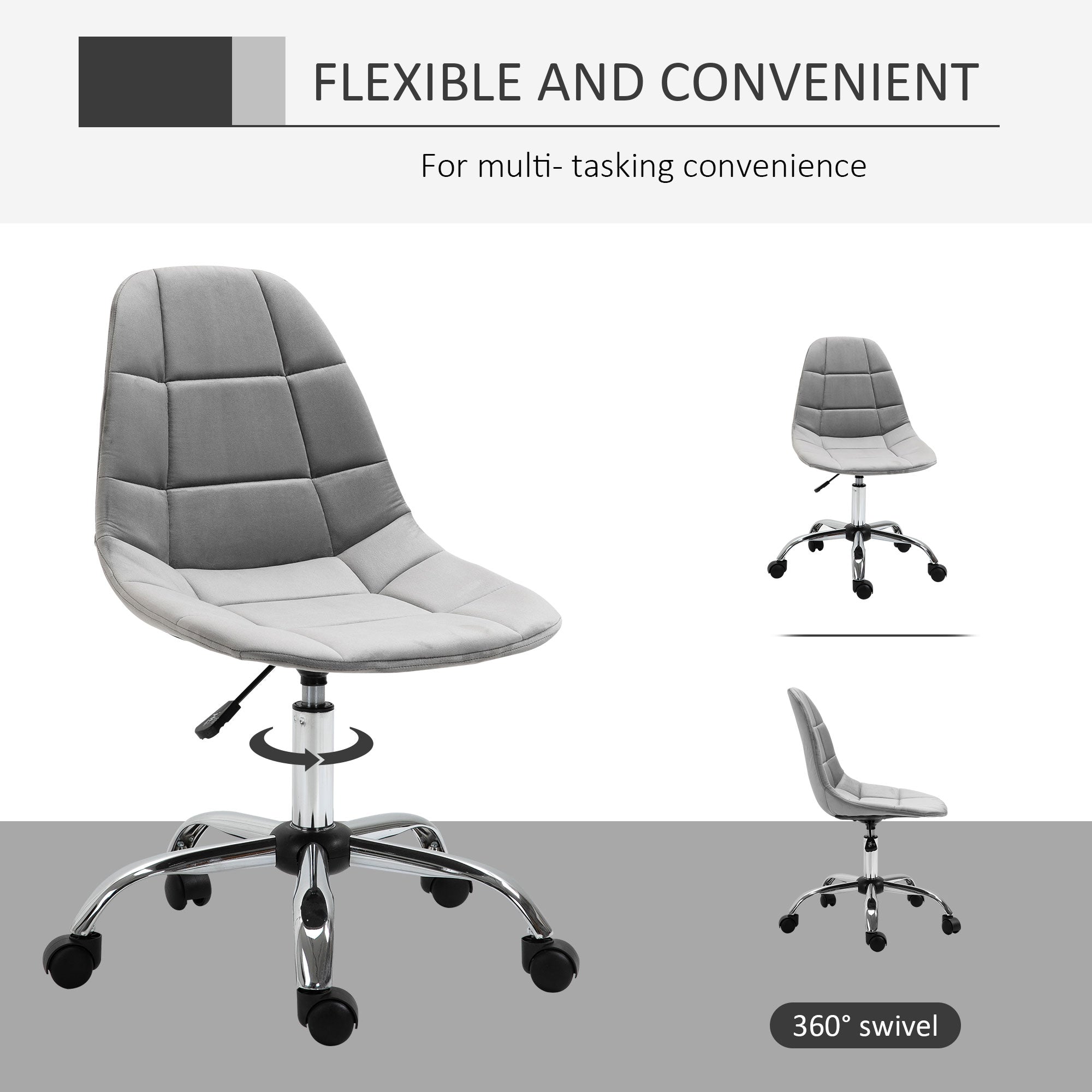 Vinsetto Ergonomic Office Chair with Adjustable Height and Wheels Velvet Executive Chair Armless for Home Study Bedroom Grey - North Peak Garden Furniture