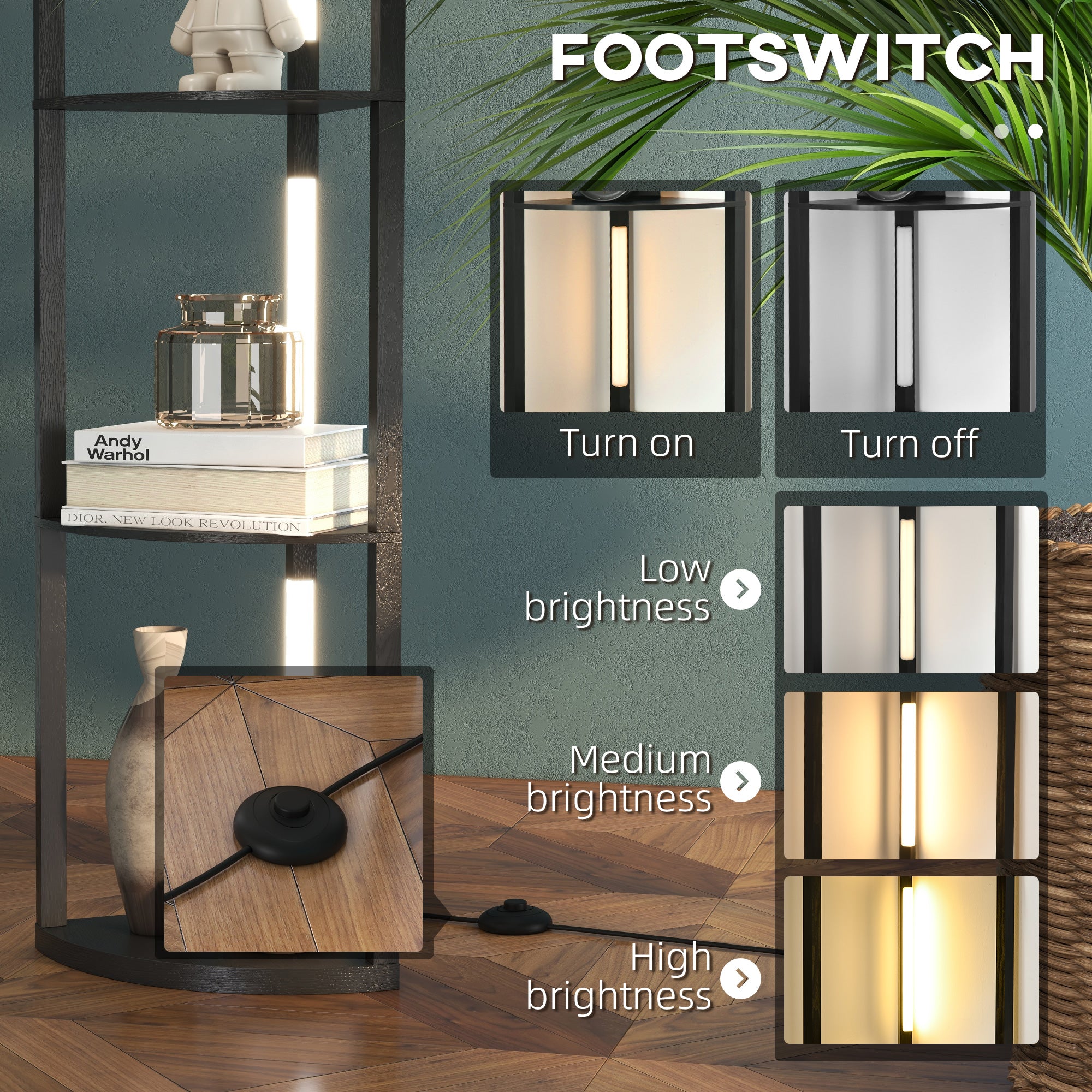 HOMCOM Corner Floor Lamp for Living Room Bedroom with Dimmable Warm White LED Light, Modern Tall Standing Lamp, Black - North Peak Garden Furniture