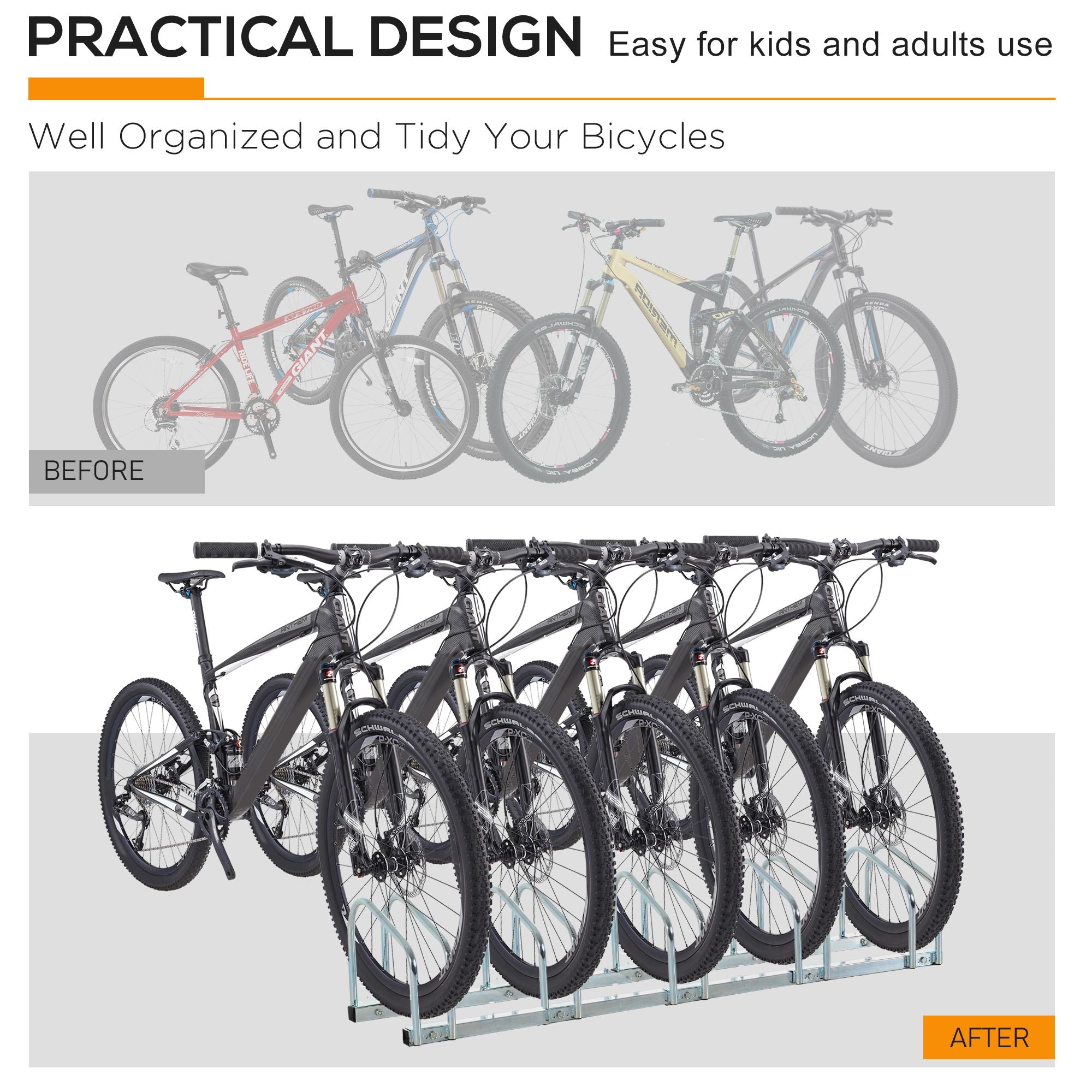 HOMCOM Bike Stand Parking Rack Floor or Wall Mount Bicycle Cycle Storage Locking Stand (5 Racks, Silver) - North Peak Garden Furniture