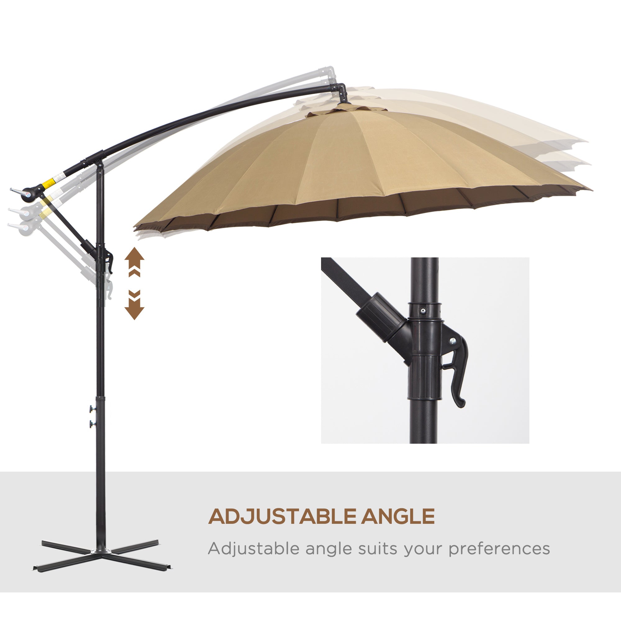 Outsunny 3(m) Cantilever Umbrella 18 Ribs & Vents Adjustable Angle for Patio Khaki - North Peak Garden Furniture