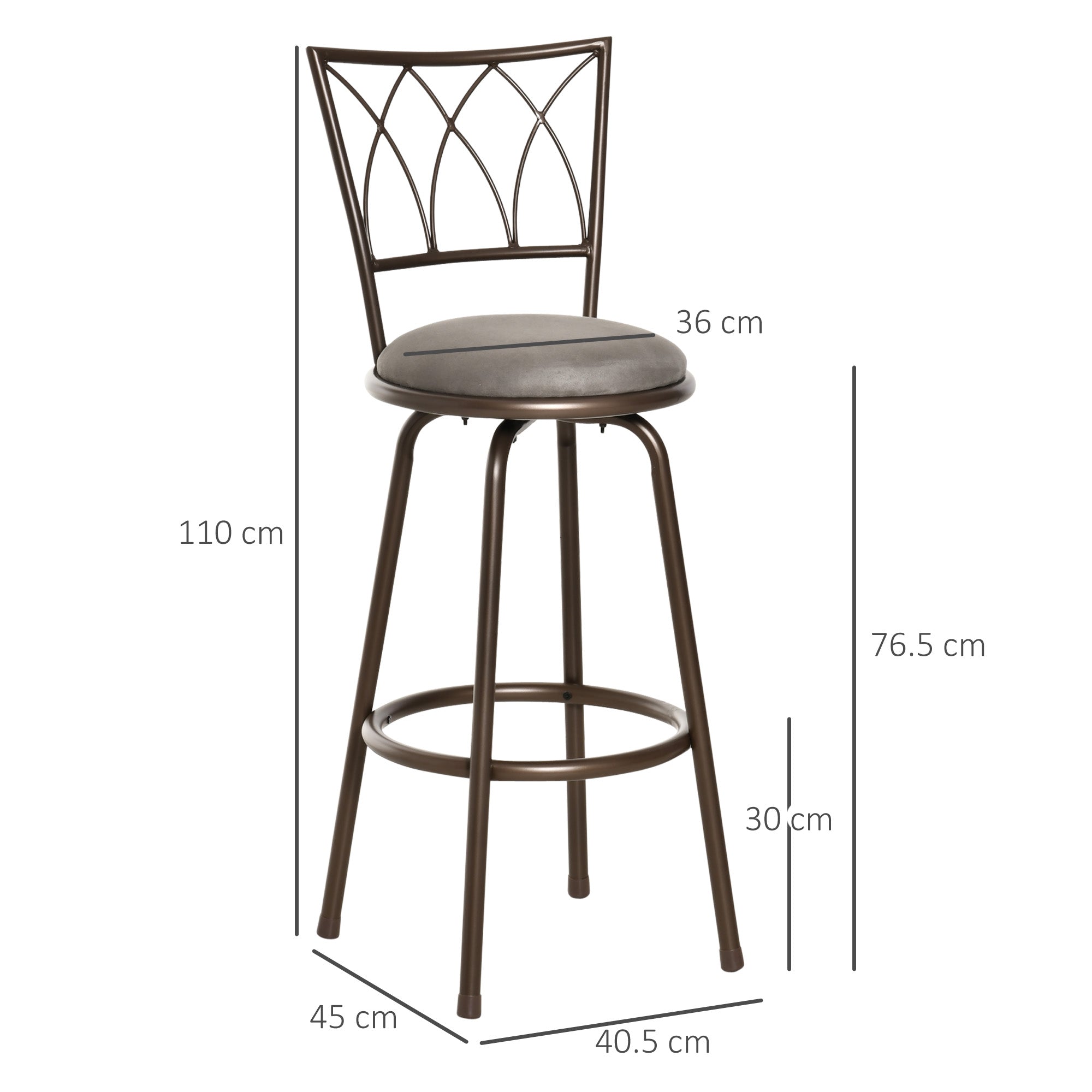 HOMCOM Set of 2 Bar Chairs Swivel Armless Upholstered Metal Frame Barstools with Backrest & Footrest, Bronze - North Peak Garden Furniture