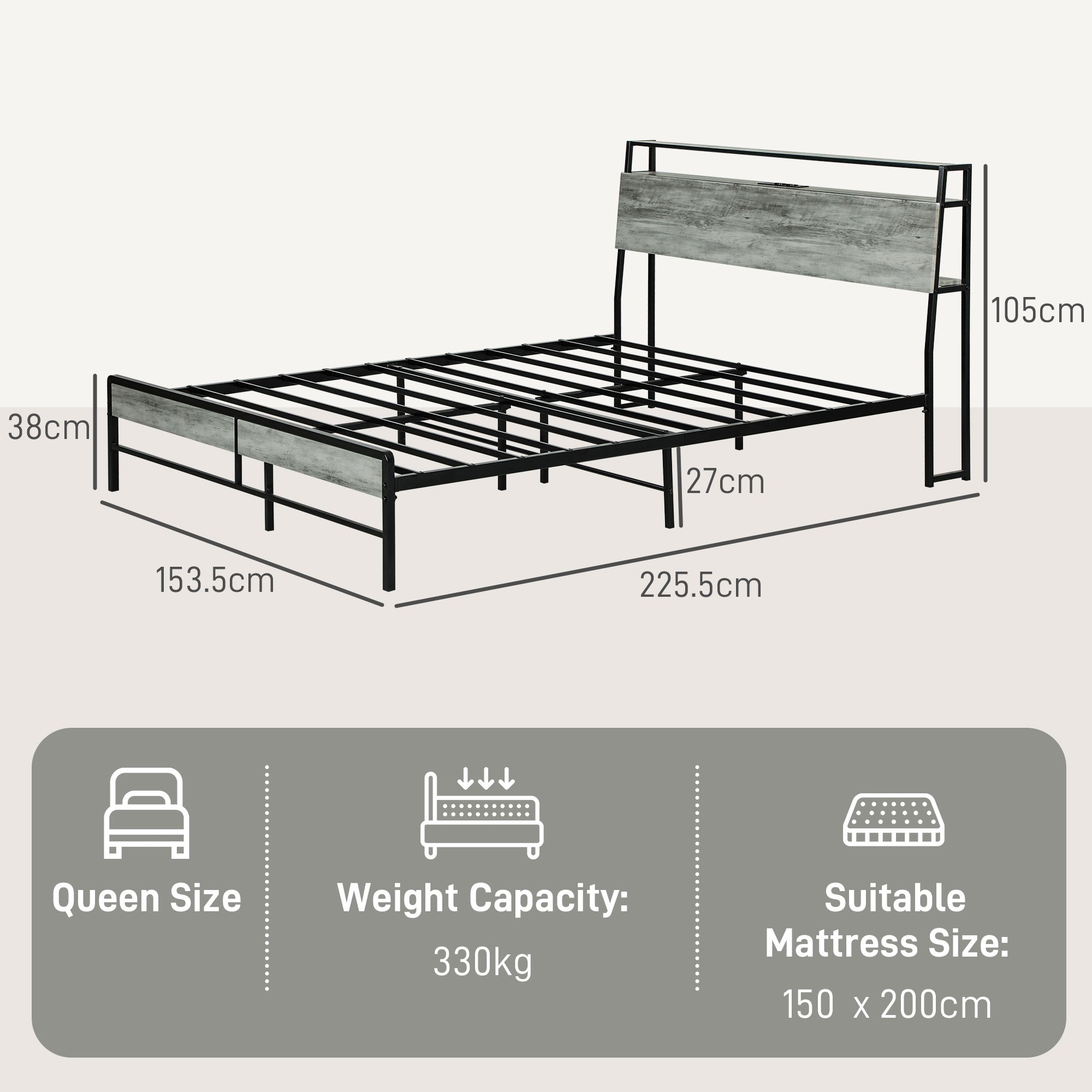 HOMCOM King Steel Bed Frame, with LED Lights and Headboard Shelf - Grey - North Peak Garden Furniture