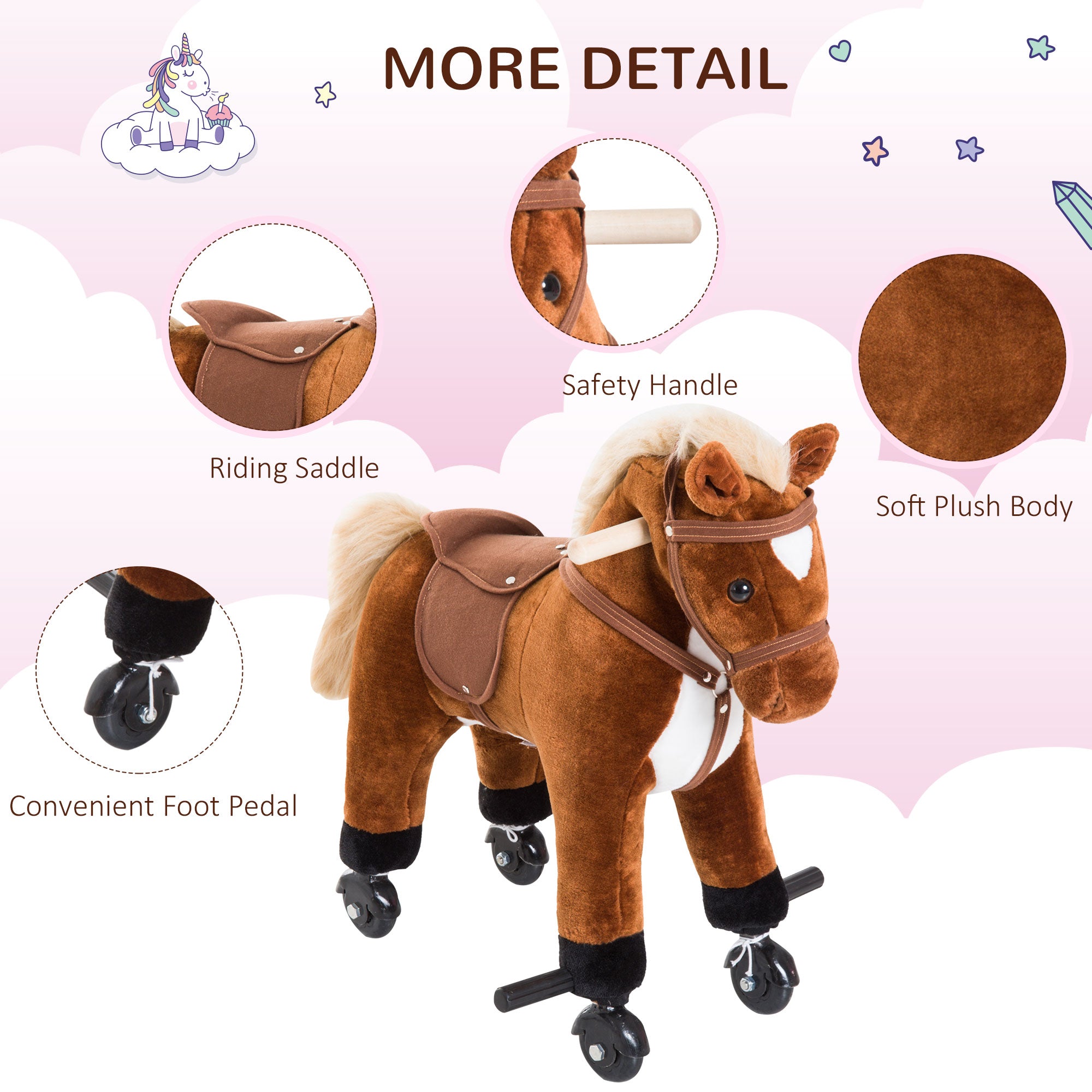 HOMCOM Rocking Horse Kids Ride on Walking Horse Animal Pony Wheeled Riding Plush Toy w/Sound for 3 Years and Up (Brown)