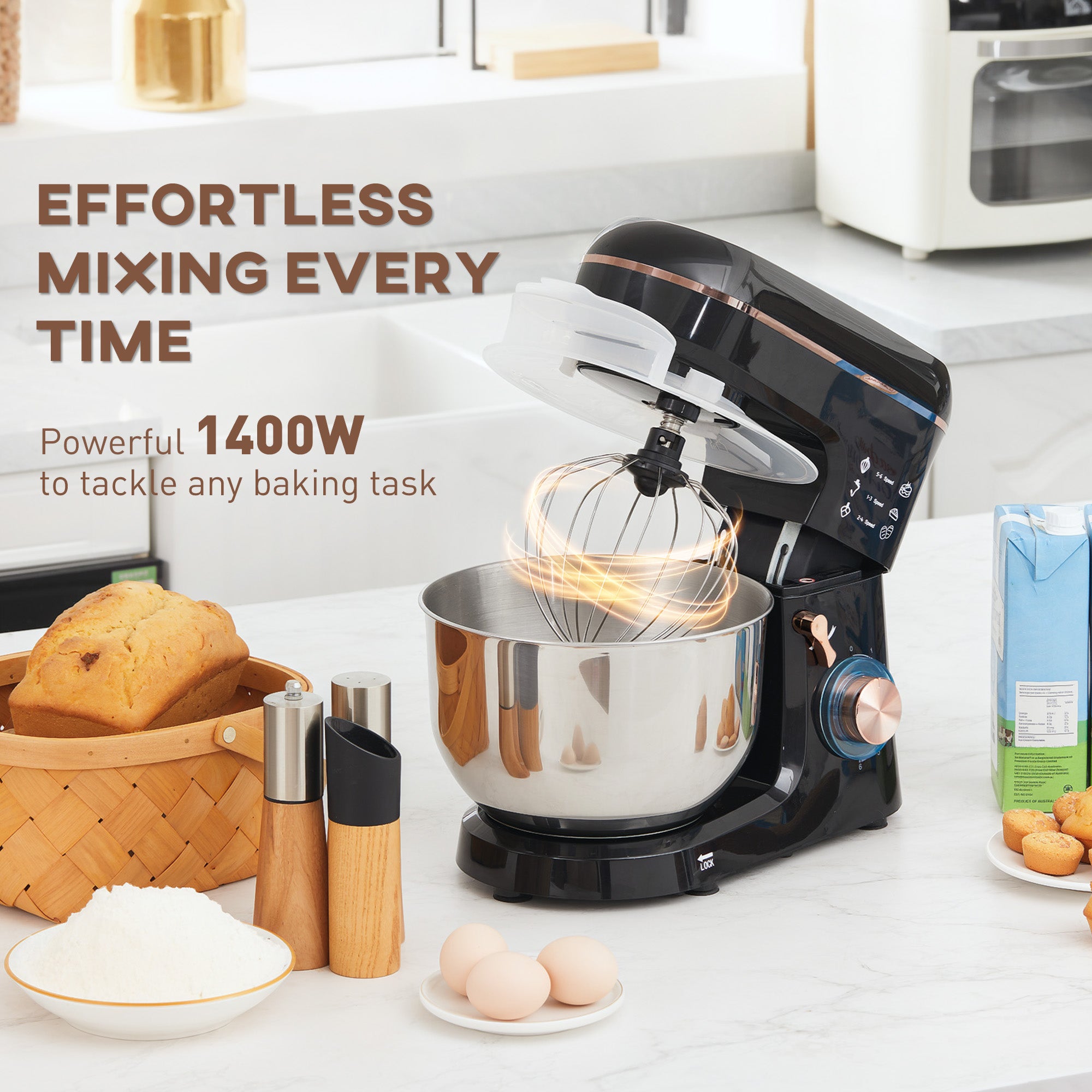HOMCOM Stand Mixer, 5L Food Mixer for Baking, 6 Speeds and Pulse Setting, 1400W Cake Electric Kitchen Mixer with Dough Hook, Whisk, Stainless Steel Bowl, Splash Guard, Beater, Black - North Peak Garden Furniture