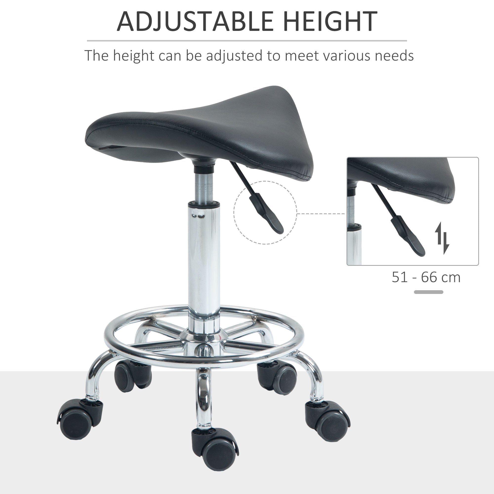 HOMCOM Salon Saddle Stool, Rolling Saddle Chair for Massage, Spa, Clinic, Beauty, Hairdressing and Tattoo, Black