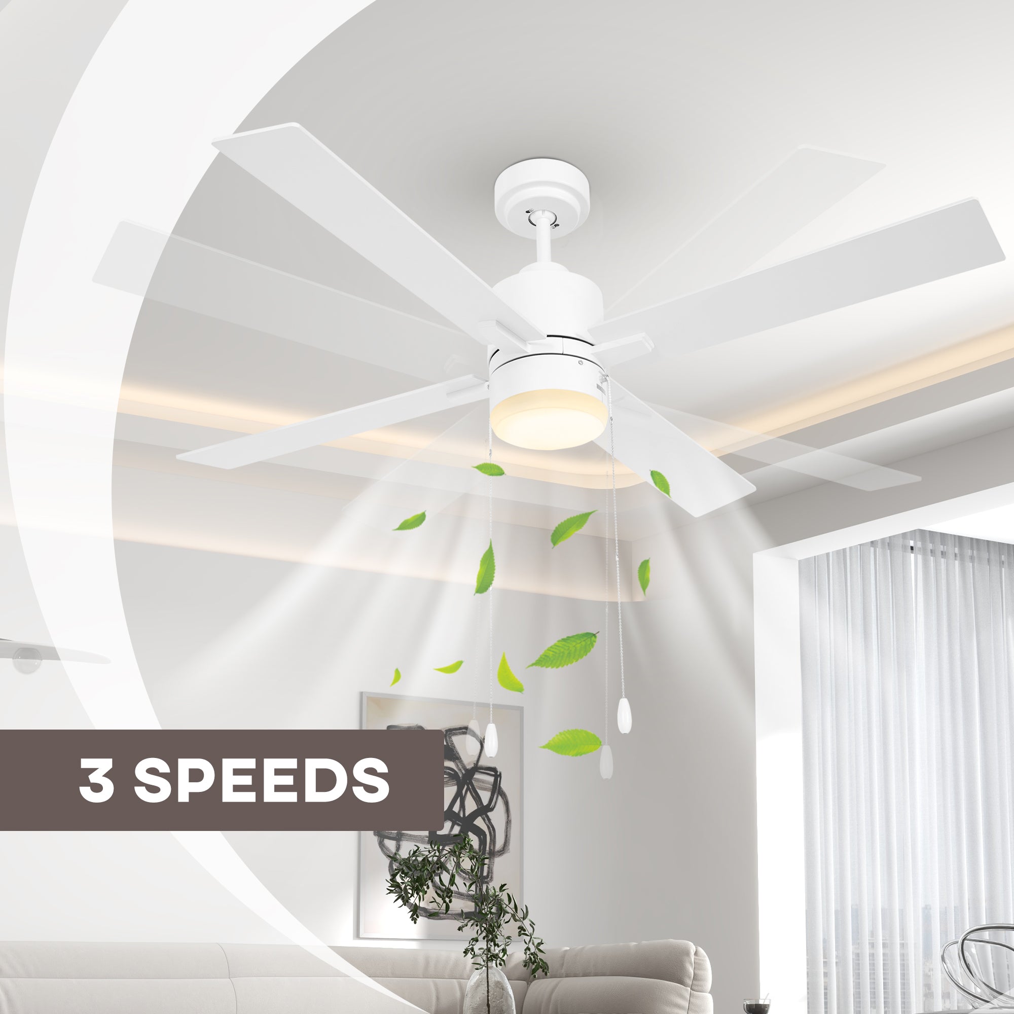 HOMCOM Ceiling Fan with LED Light, Flush Mount Ceiling Fan Lights with Reversible Blades, Pull-chain, White and Natural Tone - North Peak Garden Furniture