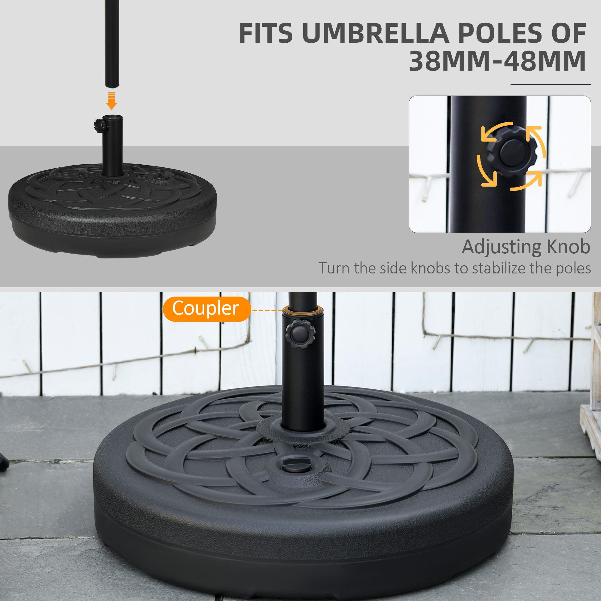 Outsunny Garden Parasol Base Holder, Outdoor Market Umbrella Stand Weight with Built-In Handle, 25kg Water or 35kg Sand Filled, Black - North Peak Garden Furniture