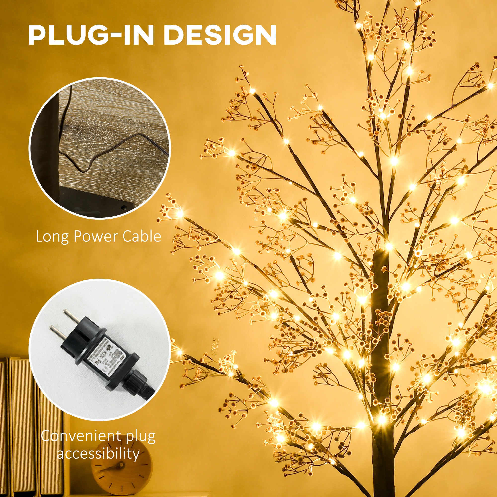 HOMCOM 6ft Artificial Gypsophila Blossom Tree Light with 96 Warm White LED Light, Baby Breath Flowers for Home Party Wedding, Indoor and Outdoor Use - North Peak Garden Furniture