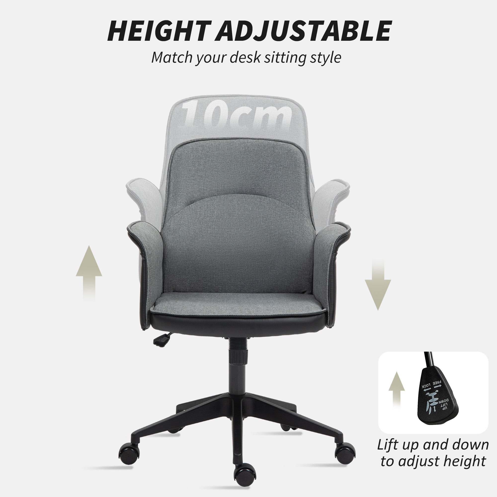 HOMCOM Home Office Chair, Upholstered Linen Desk Chair with Adjustable Height and Tilt Function, Swivel Chair for Home Office and Study Room, Grey - North Peak Garden Furniture