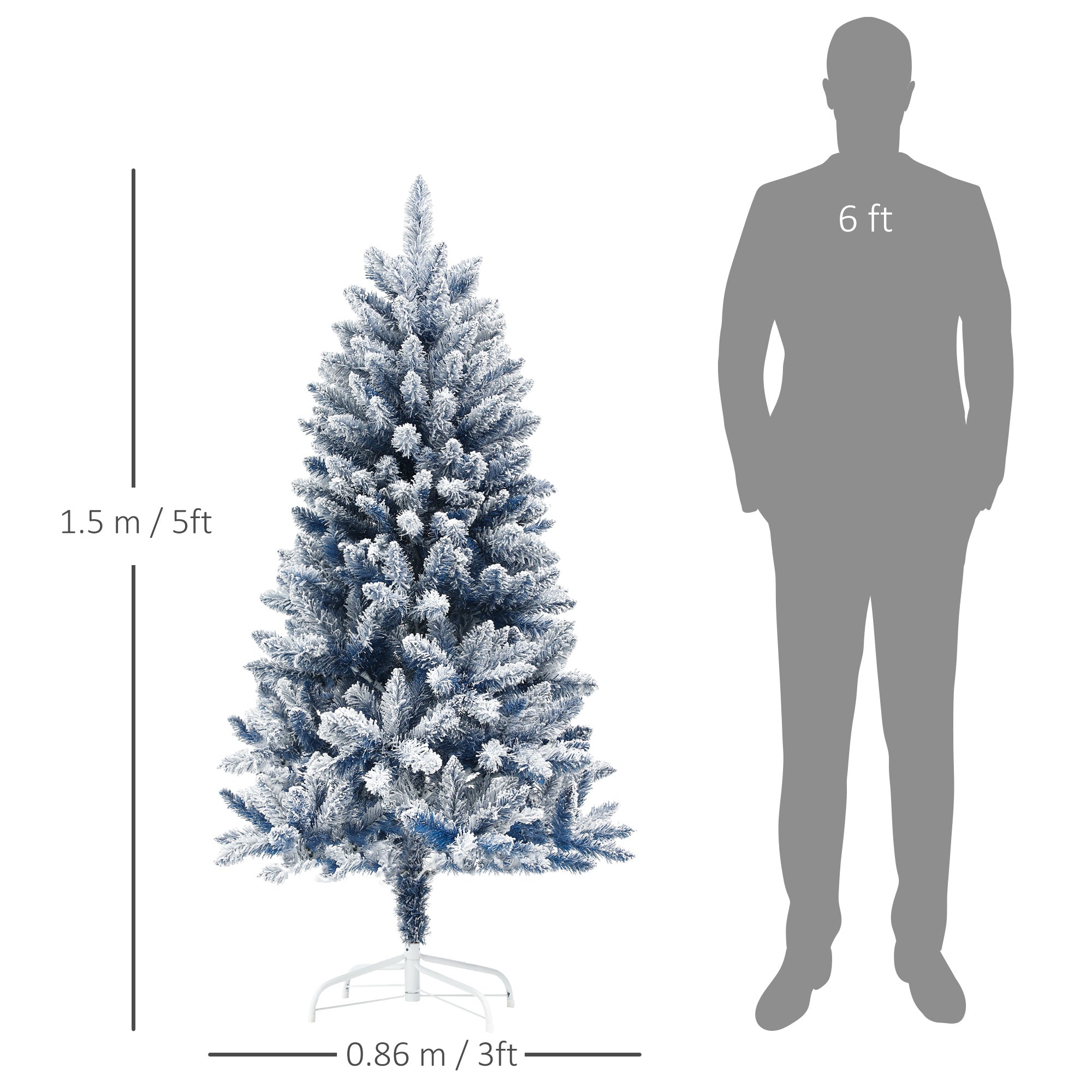 HOMCOM 5ft Flocked Artificial Christmas Tree with 450 Snow Frosted Tips, Metal Stand, Snowy Hinged Xmas Tree, Blue - North Peak Garden Furniture