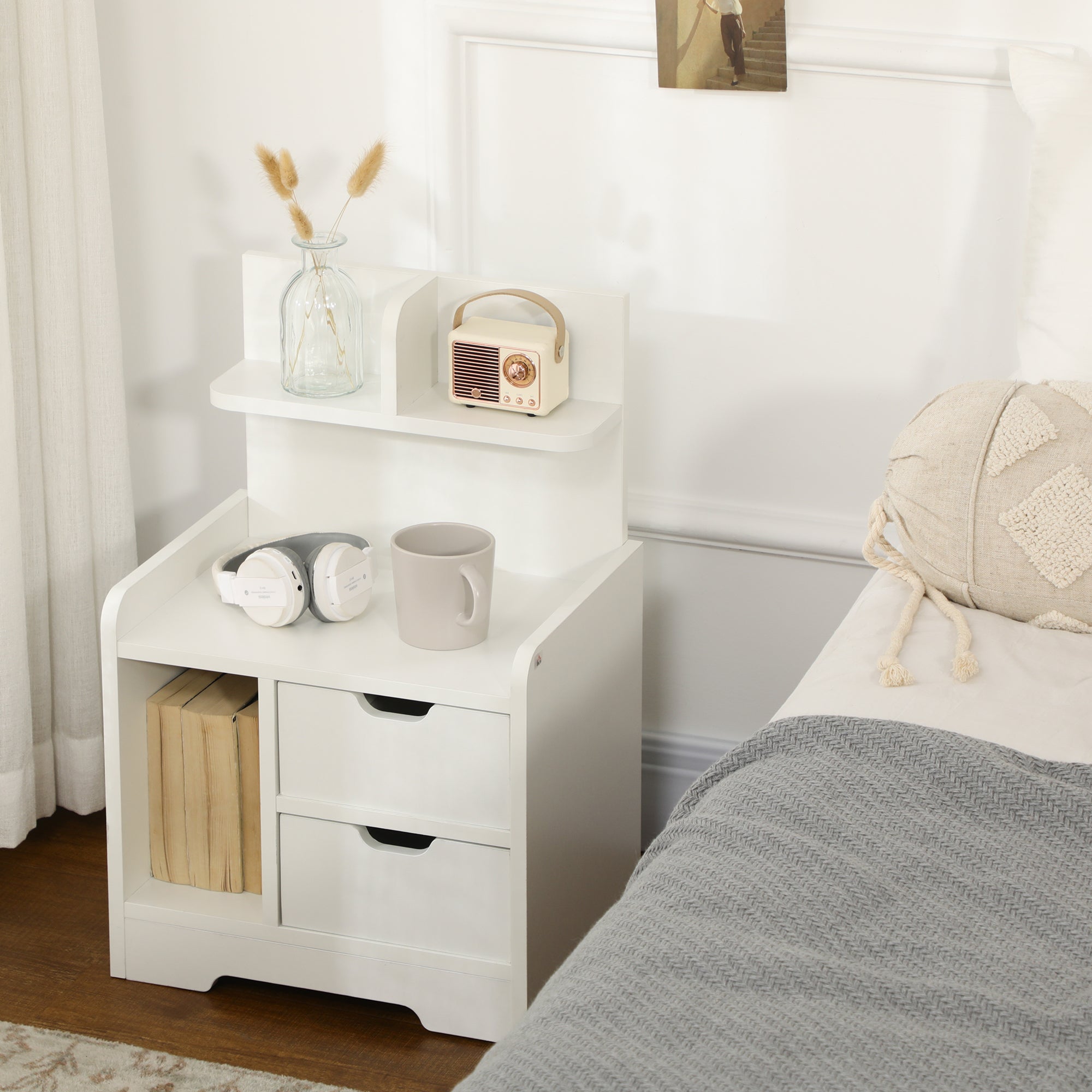 HOMCOM Bedside Table, Small Bedside Cabinet with 2 Drawers and Storage Shelves, Accent Table for Living Room, Bedroom, White - North Peak Garden Furniture
