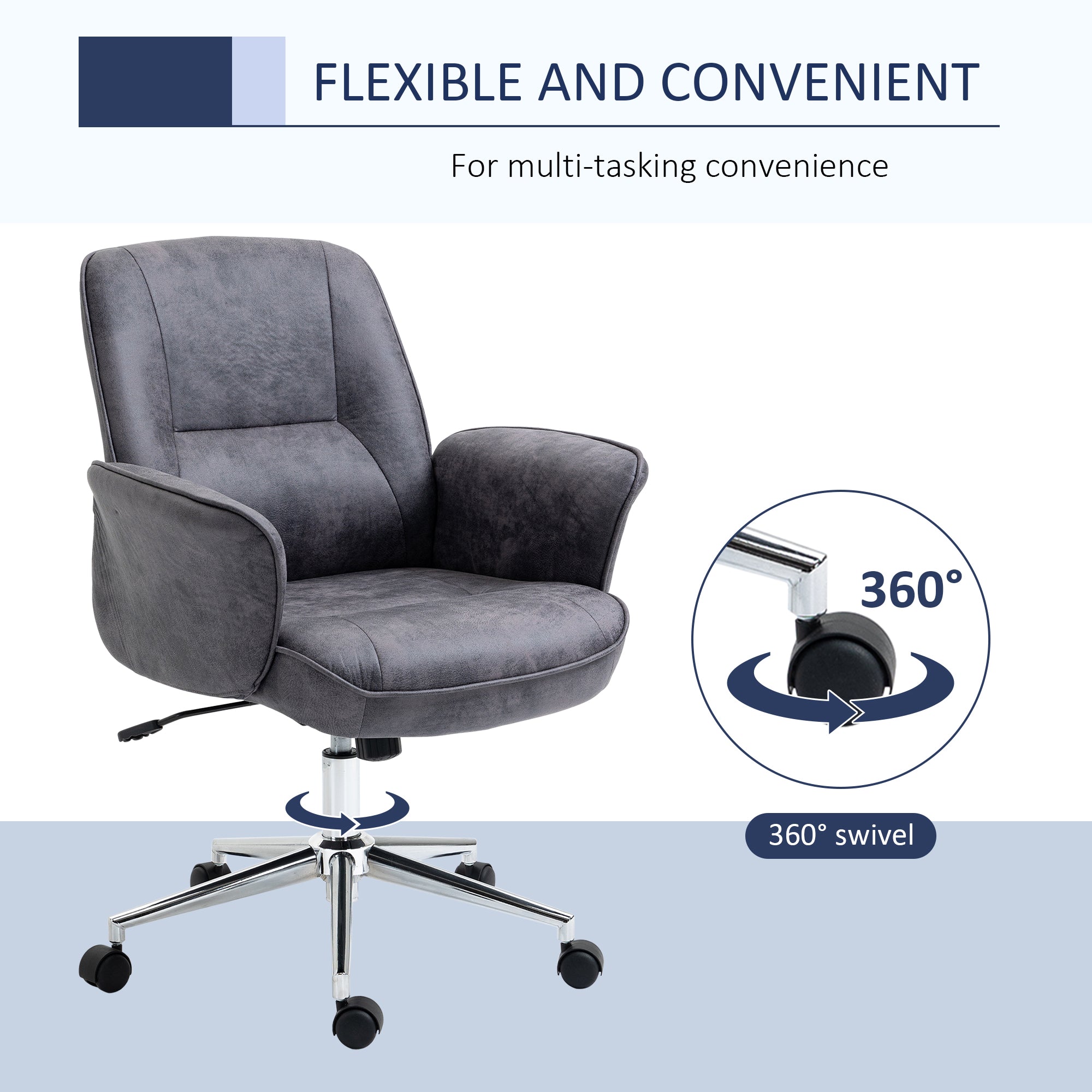 Vinsetto Swivel Computer Office Chair Mid Back Desk Chair for Home Study Bedroom, Charcoal Grey - North Peak Garden Furniture