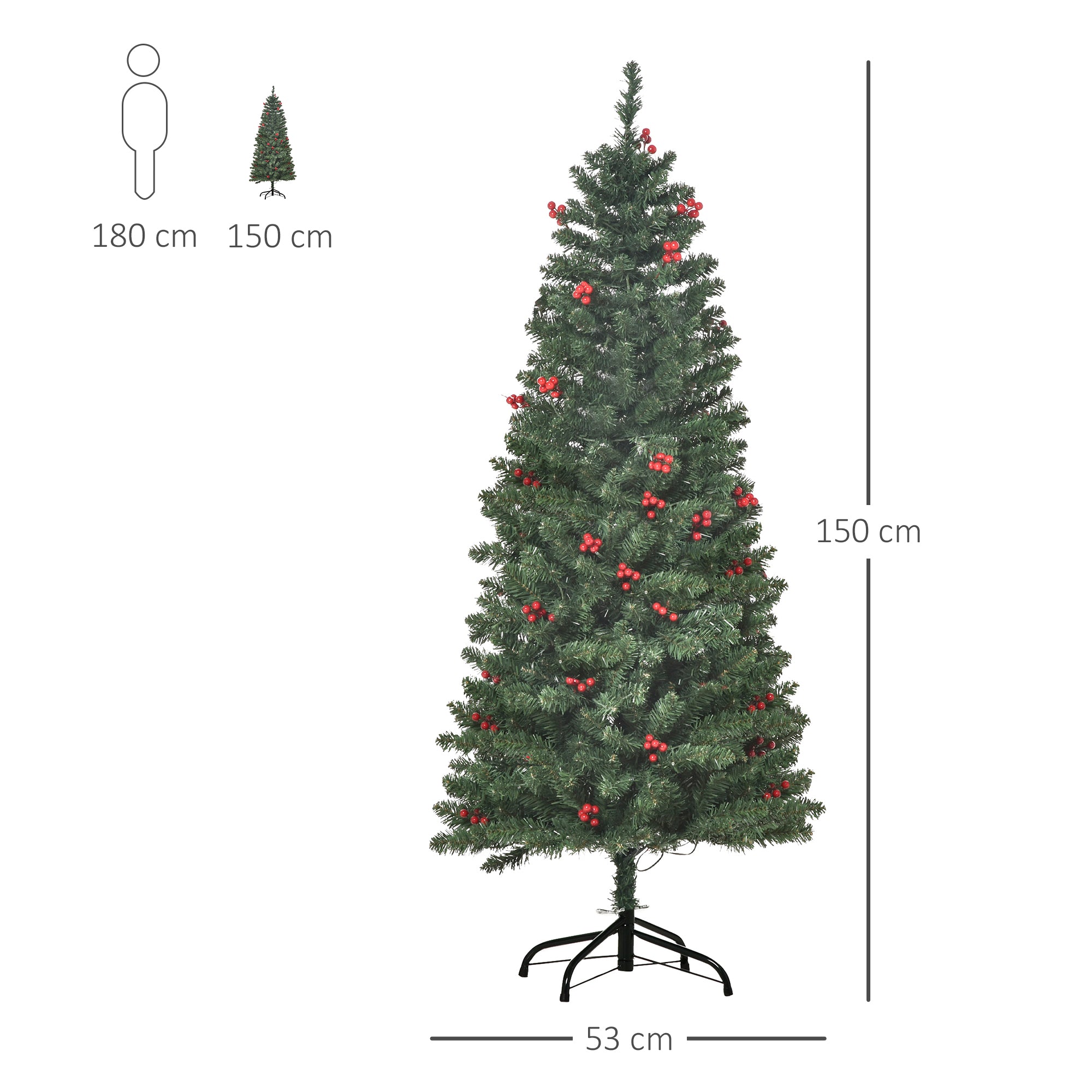 HOMCOM 5FT Prelit Artificial Pencil Christmas Tree with Warm White LED Light, Red Berry, Holiday Home Xmas Decoration, Green